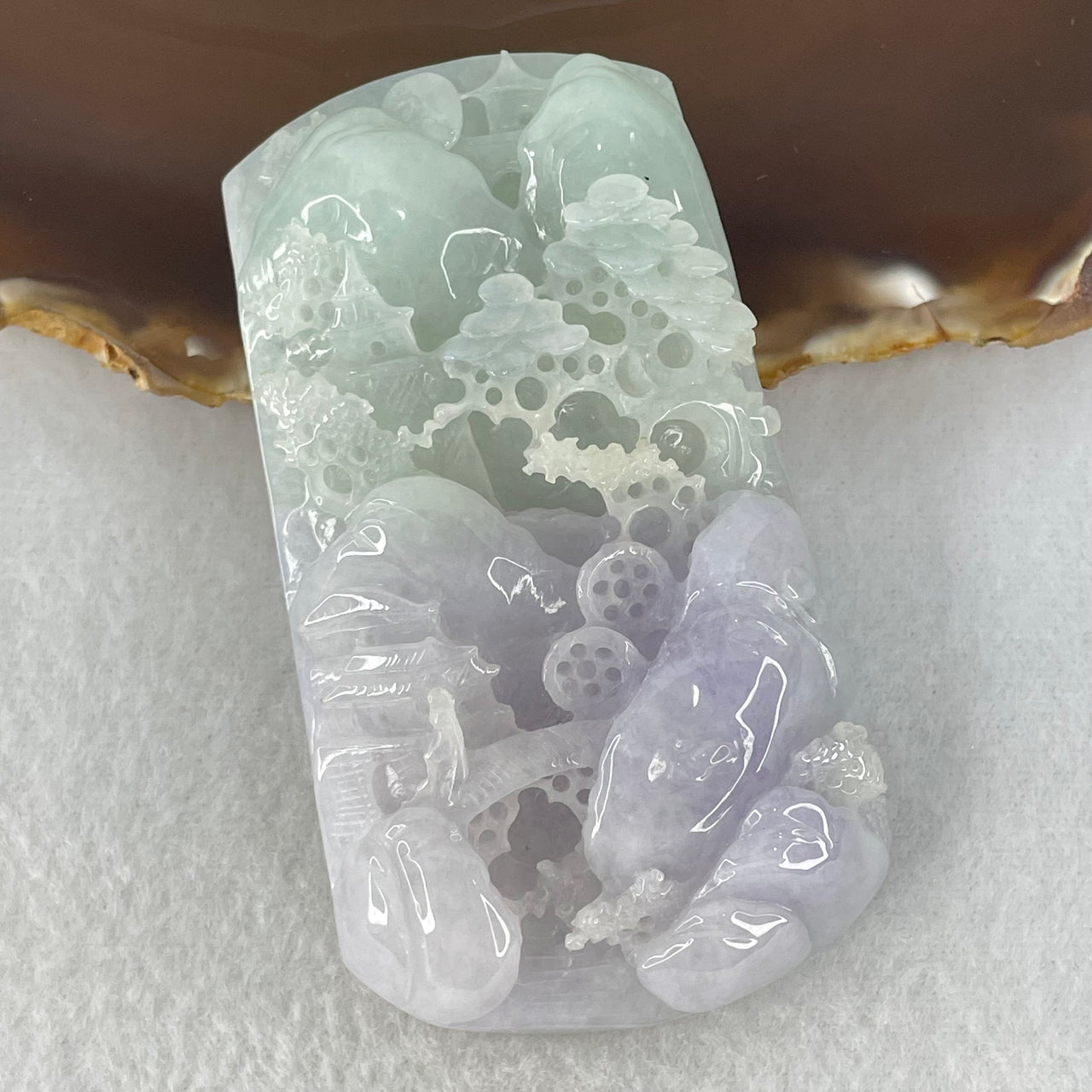 Type A Light Green and Light Lavender Jadeite Double Sided Shan Shui with Guiren Benefactor Pendant 96.41g 77.6 by 44.4 by 14.8mm