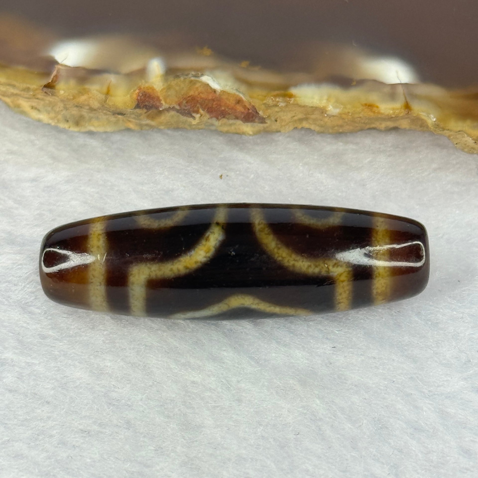 Natural Powerful Tibetan Old Oily Agate 3 Eyes Dzi Bead Heavenly Master (Tian Zhu) 三眼天诛 7.12g 37.5 by 11.3mm - Huangs Jadeite and Jewelry Pte Ltd