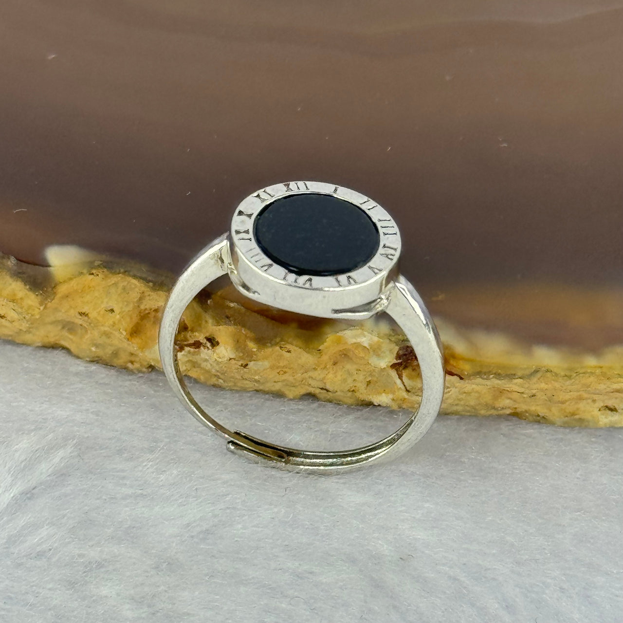 Type A Translucent Black Omphasite Jadeite Clock Shape in S925 Sliver Ring (Adjustable Size) 1.90g 8.5 by 1.5mm