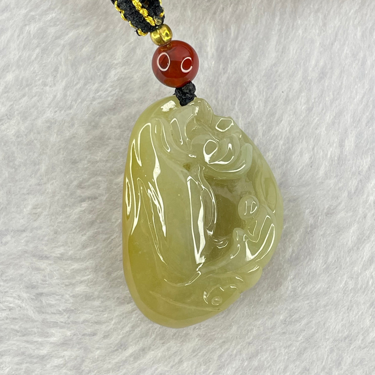 Type A Yellow with Green Jadeite Flower and Gui Ren Benefactor Pendant 18.03g 31.9 by 22.7 by 13.8mm