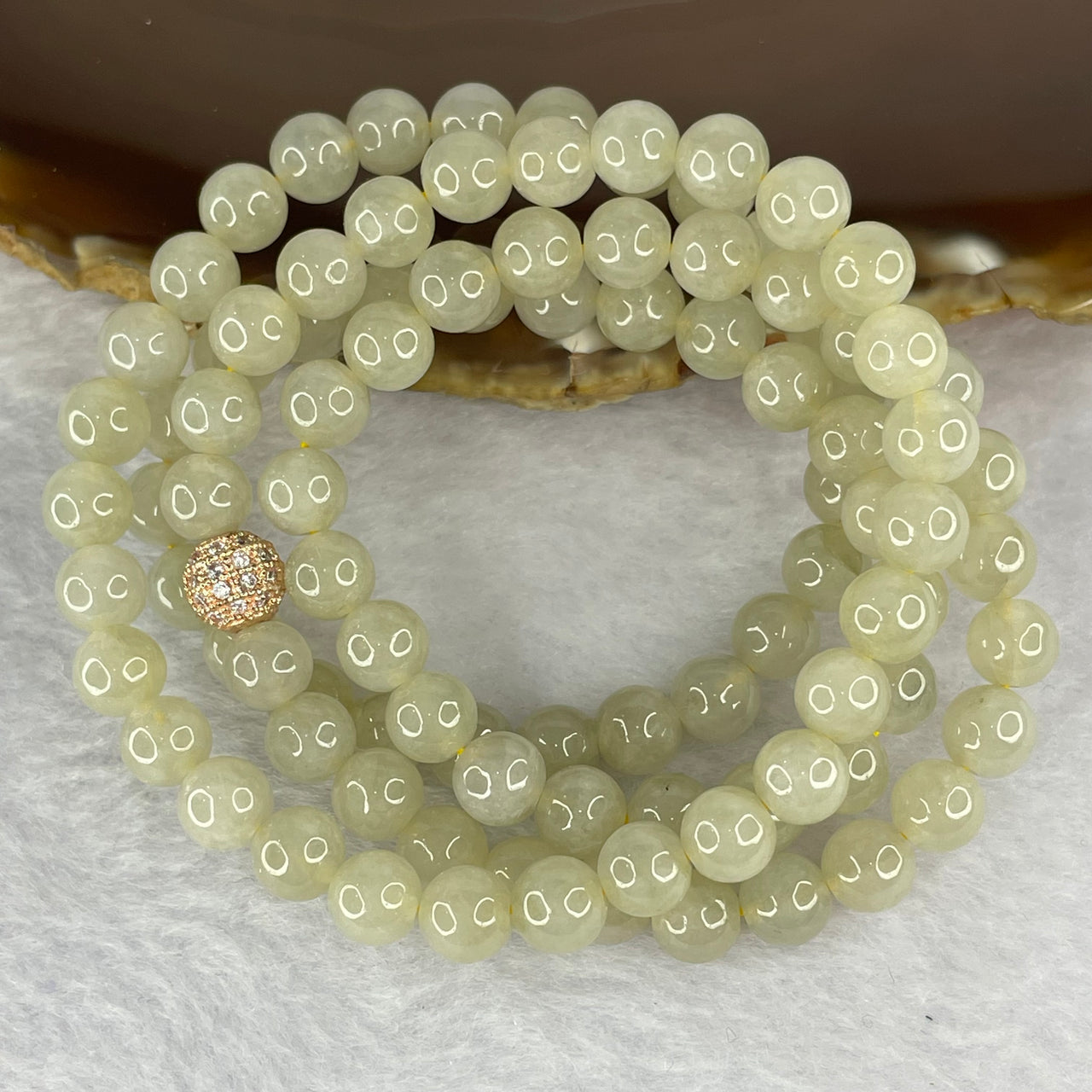 Type A Semi Icy Yellowish Green Jadeite Beads Necklace 98 Beads 7.1mm 57.62g - Huangs Jadeite and Jewelry Pte Ltd