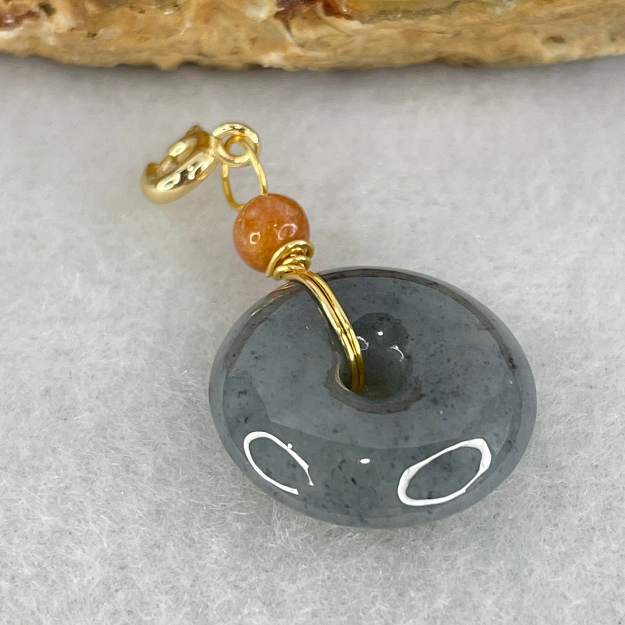 Type A Semi Icy Wuji Grey Black Jadeite Ping An Kou Donut in Gold Color Charm Pendant 2.71g 15.8 by 5.0mm