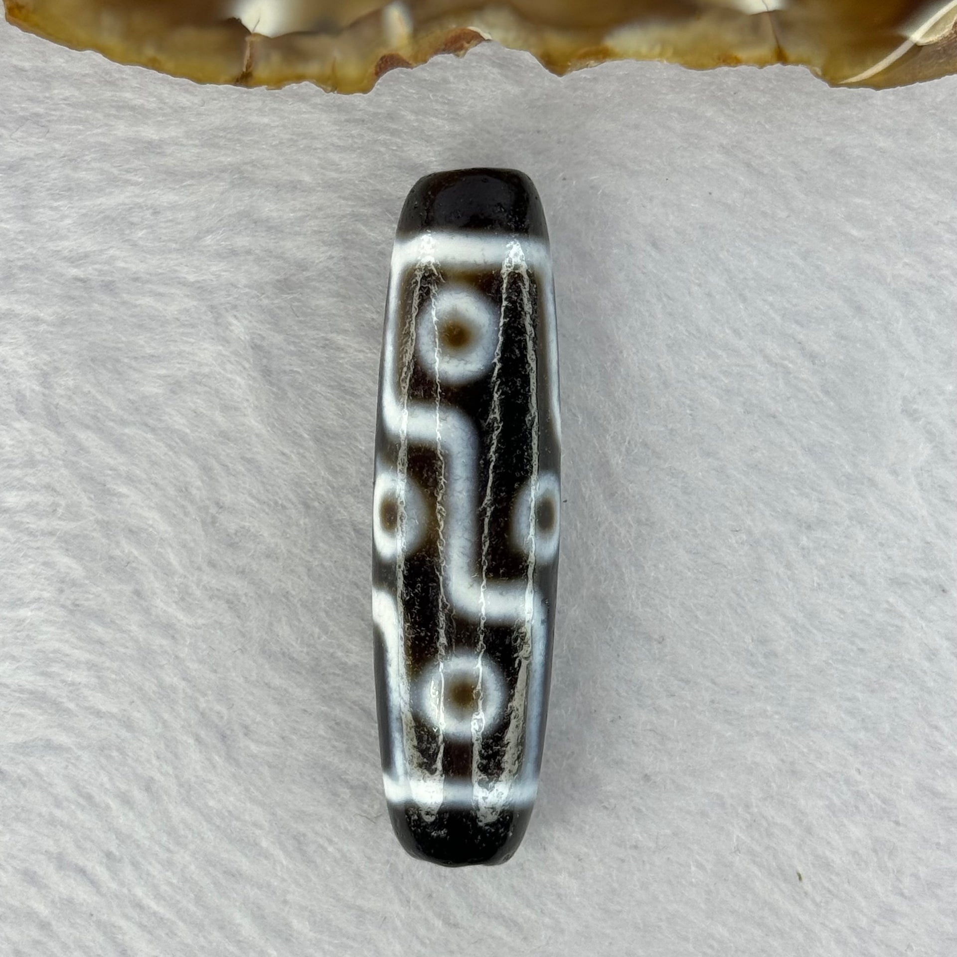 Natural Powerful Tibetan Old Oily Agate 9 Eyes Dzi Bead Heavenly Master (Tian Zhu) 九眼天诛 12.45g 48.2 by 13.0mm - Huangs Jadeite and Jewelry Pte Ltd