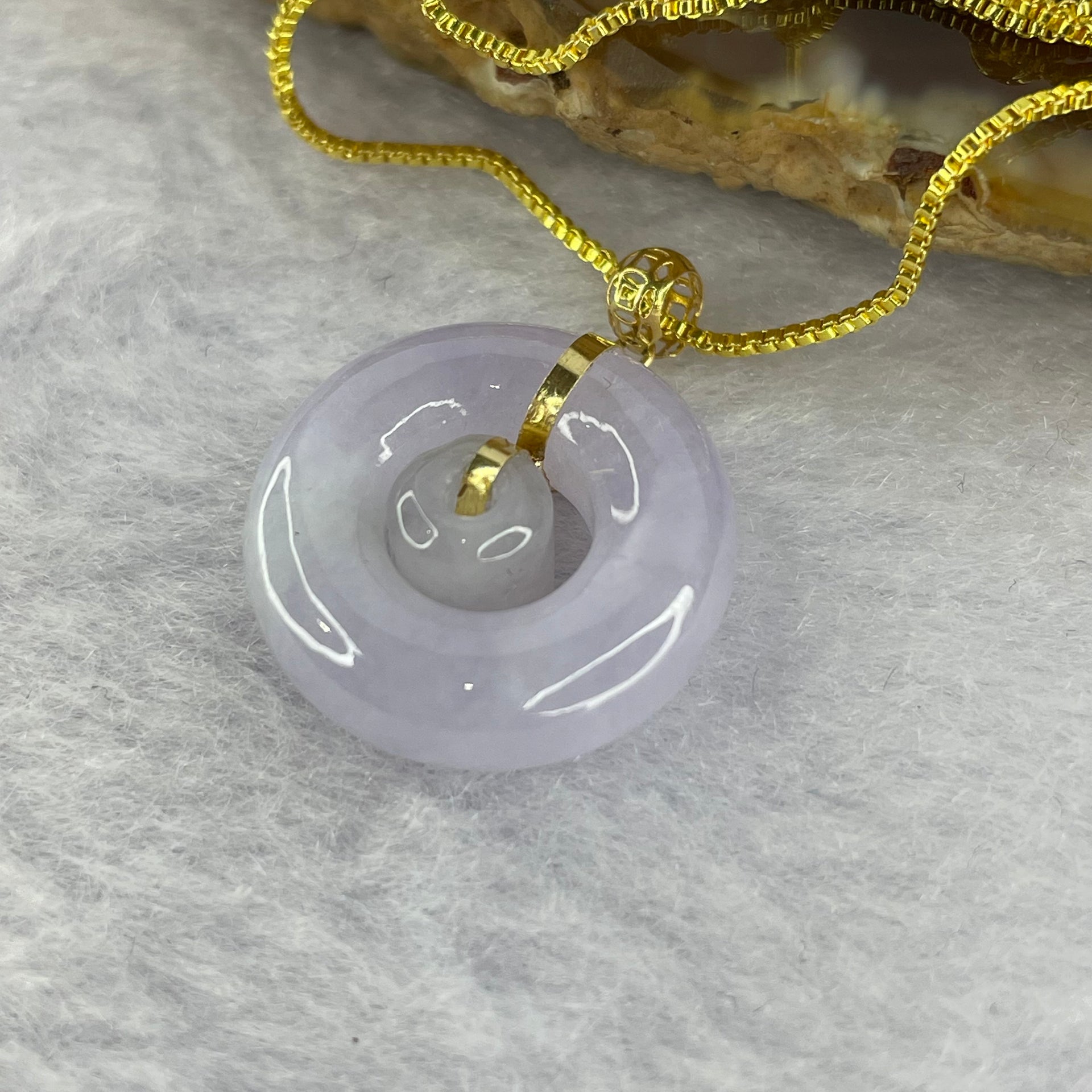 Type A Semi Icy Lavender Jadeite Ping An Kou Donut 平安扣 in 18k Gold Setting 3.29g 17.2 by 16.9 by 6.2mm with 925 Silver Necklace - Huangs Jadeite and Jewelry Pte Ltd