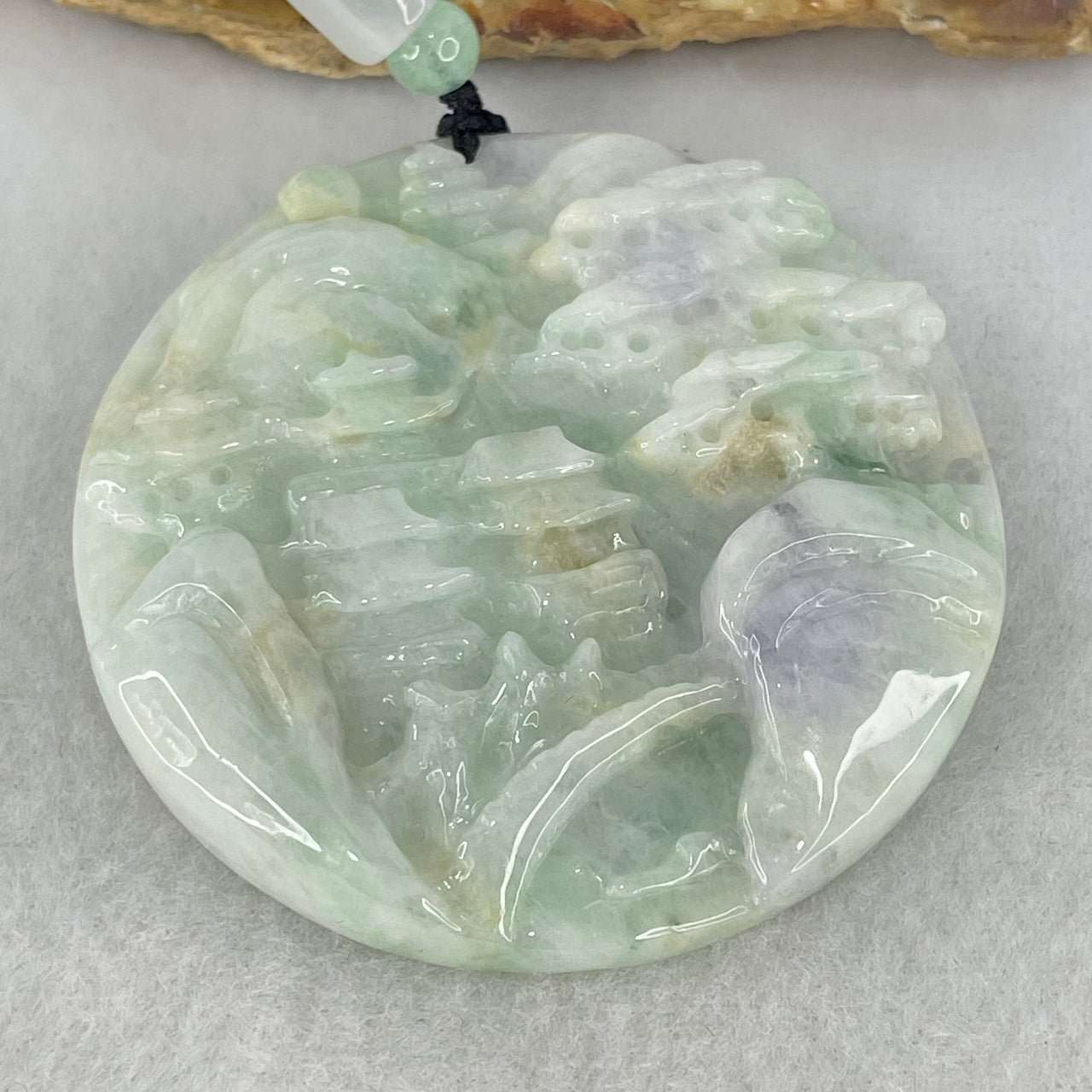 Type A Green Lavender Yellow Jadeite Shan Shui with Double Gui Ren Benefactor Pendant 61.12g 55.8 by 10.0mm