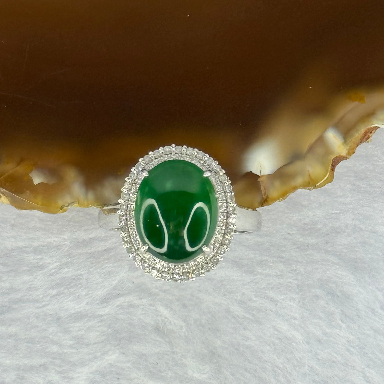 Type A Green Jadeite with Diamonds in 18K White Gold 3.60g 11.5 by 9.3 by 4.2mm - Huangs Jadeite and Jewelry Pte Ltd