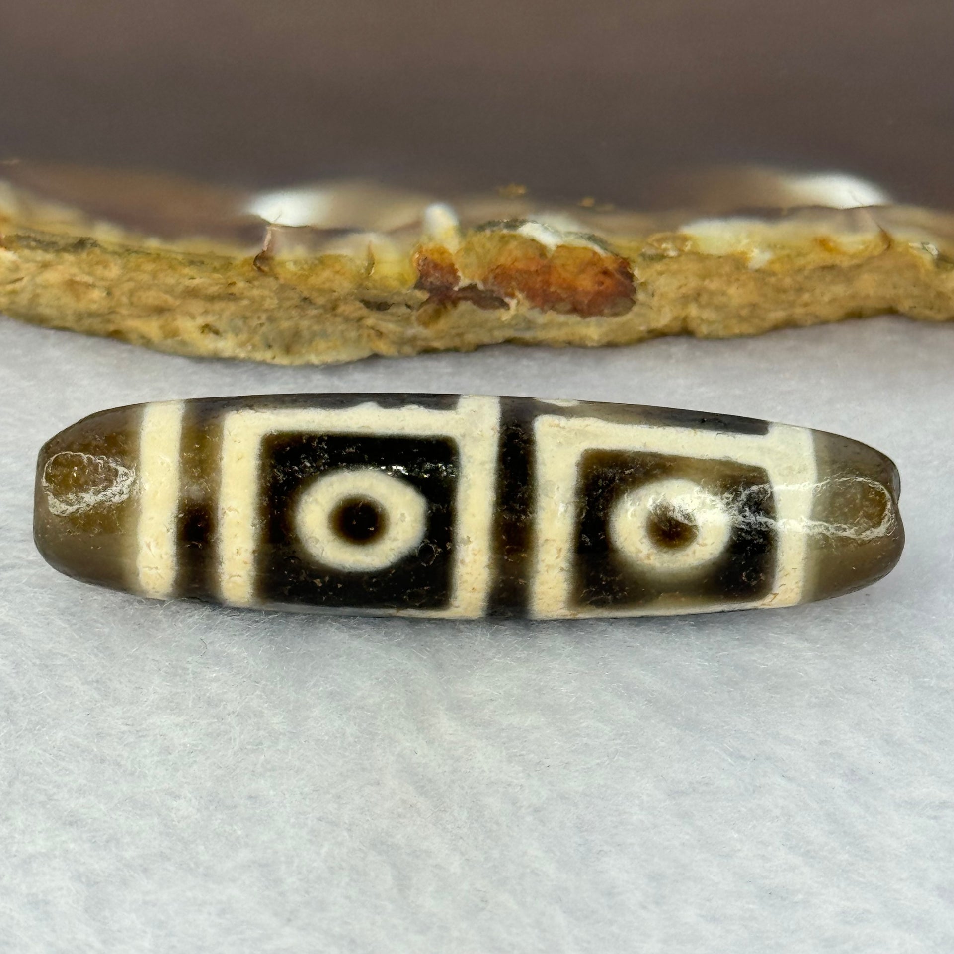 Natural Powerful Tibetan Old Oily Agate 4 Eyes Dzi Bead Heavenly Master (Tian Zhu) 四眼天诛 10.99g 47.4 by 12.2mm - Huangs Jadeite and Jewelry Pte Ltd