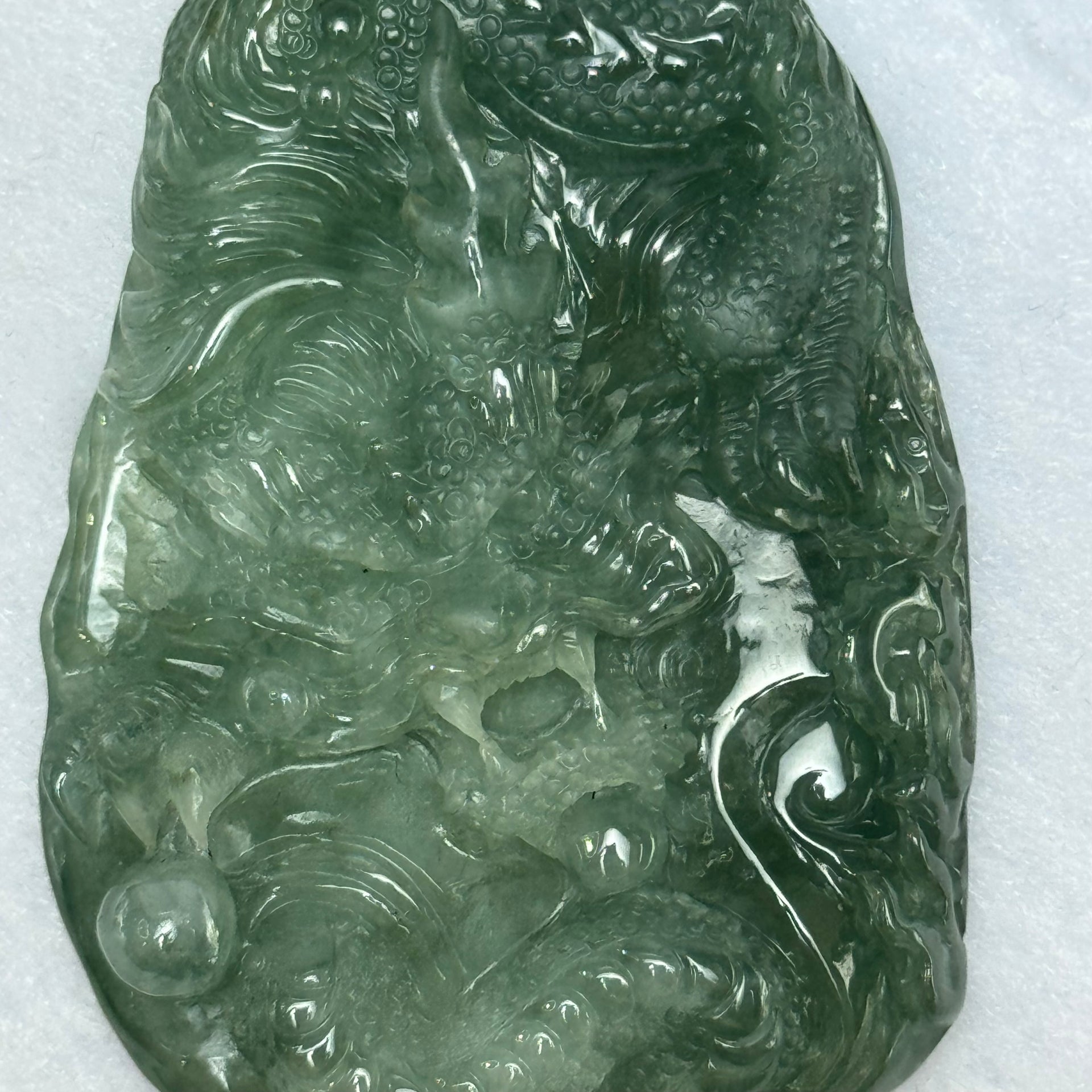 Type A Semi Icy Intense Green Jadeite Dragon Pendent 57.55g 63.1 by 44.4 by 11.3mm - Huangs Jadeite and Jewelry Pte Ltd