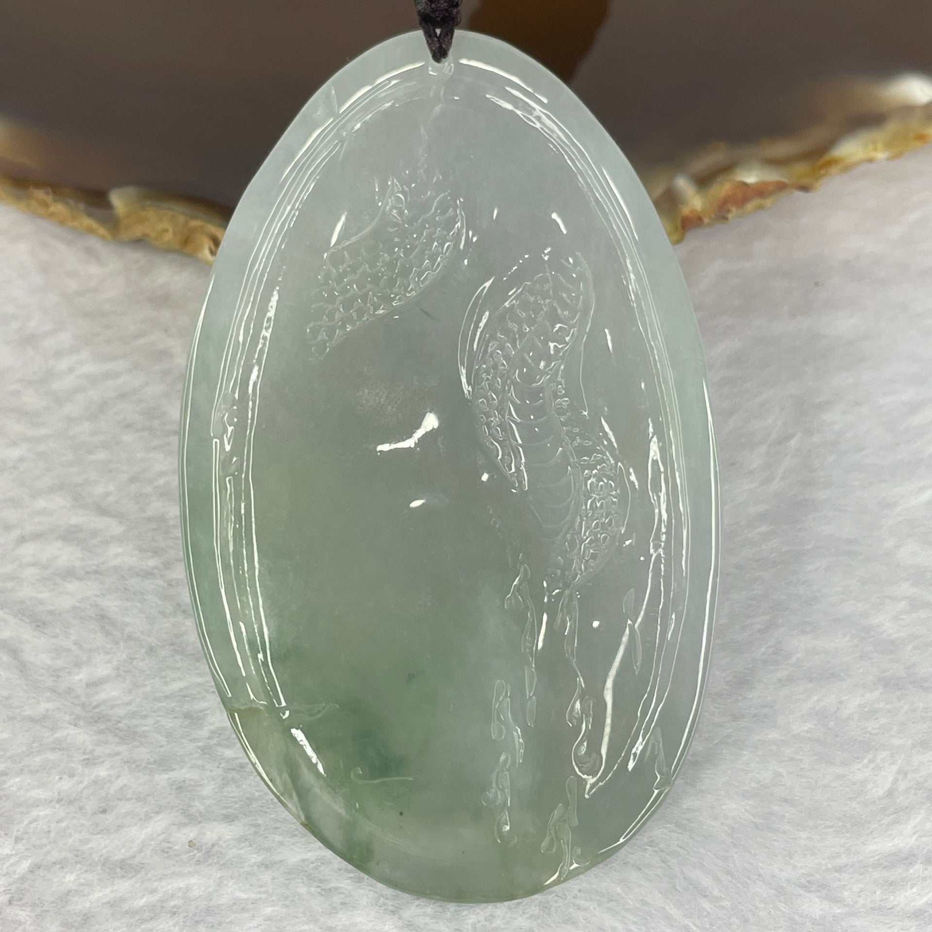 Grand Master Type A Semi Icy Lavender Green Piao Hua Jadeite Dragon Pendant Display 63.76g 70.9 by 11.8 by 12.7mm with Wooden Stand - Huangs Jadeite and Jewelry Pte Ltd