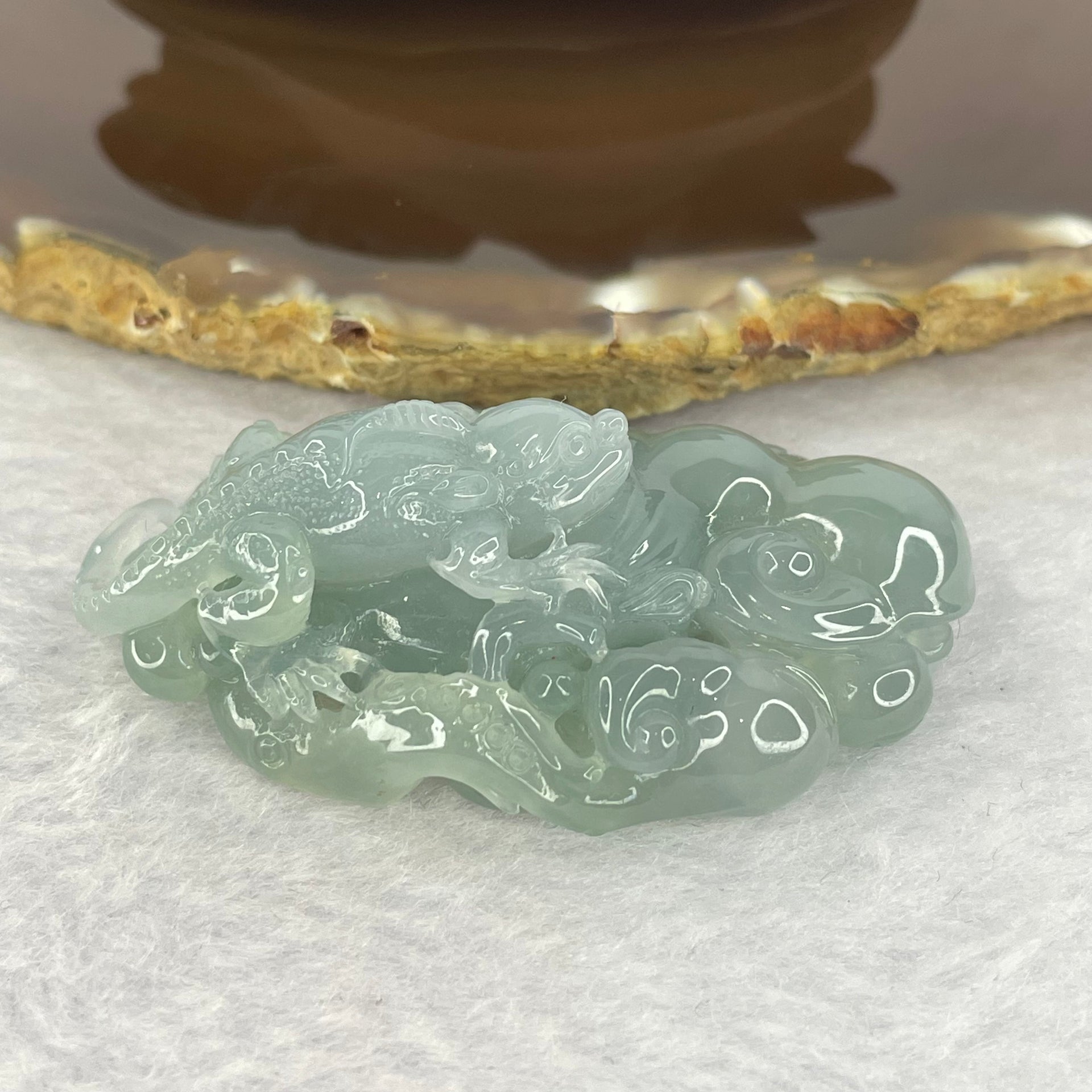 Very Rare High Icy Type A Sky Blue 3D Lizard on 3D Ruyi 42.82g 56.5 by 34.9 by 16.7mm with Wooden Stand - Huangs Jadeite and Jewelry Pte Ltd