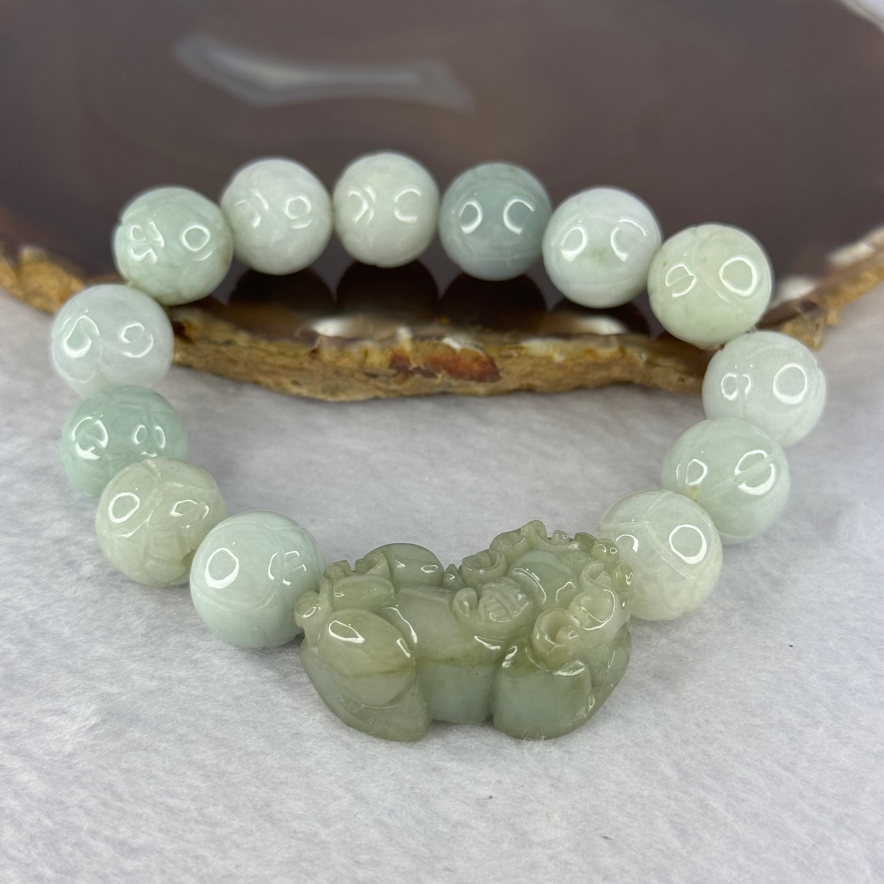 Type A Mixed Green with Lavender Jadeite Flower Beads With Yellowish Green Pixiu Bracelet 78.19g 18.5cm 33.3 by 20.4 by 13.4mm, 13.9mm 13 Beads - Huangs Jadeite and Jewelry Pte Ltd