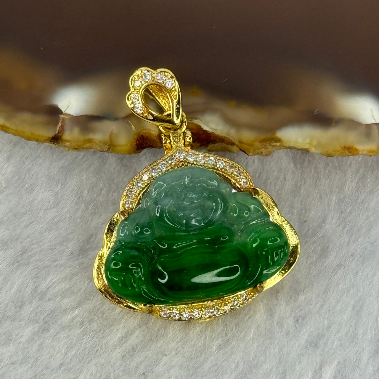 Type A Icy Green Jadeite Milo Buddha Pendent in S925 Sliver Gold Color Setting 4.48g 15.0 by 20.8 by 3.0mm