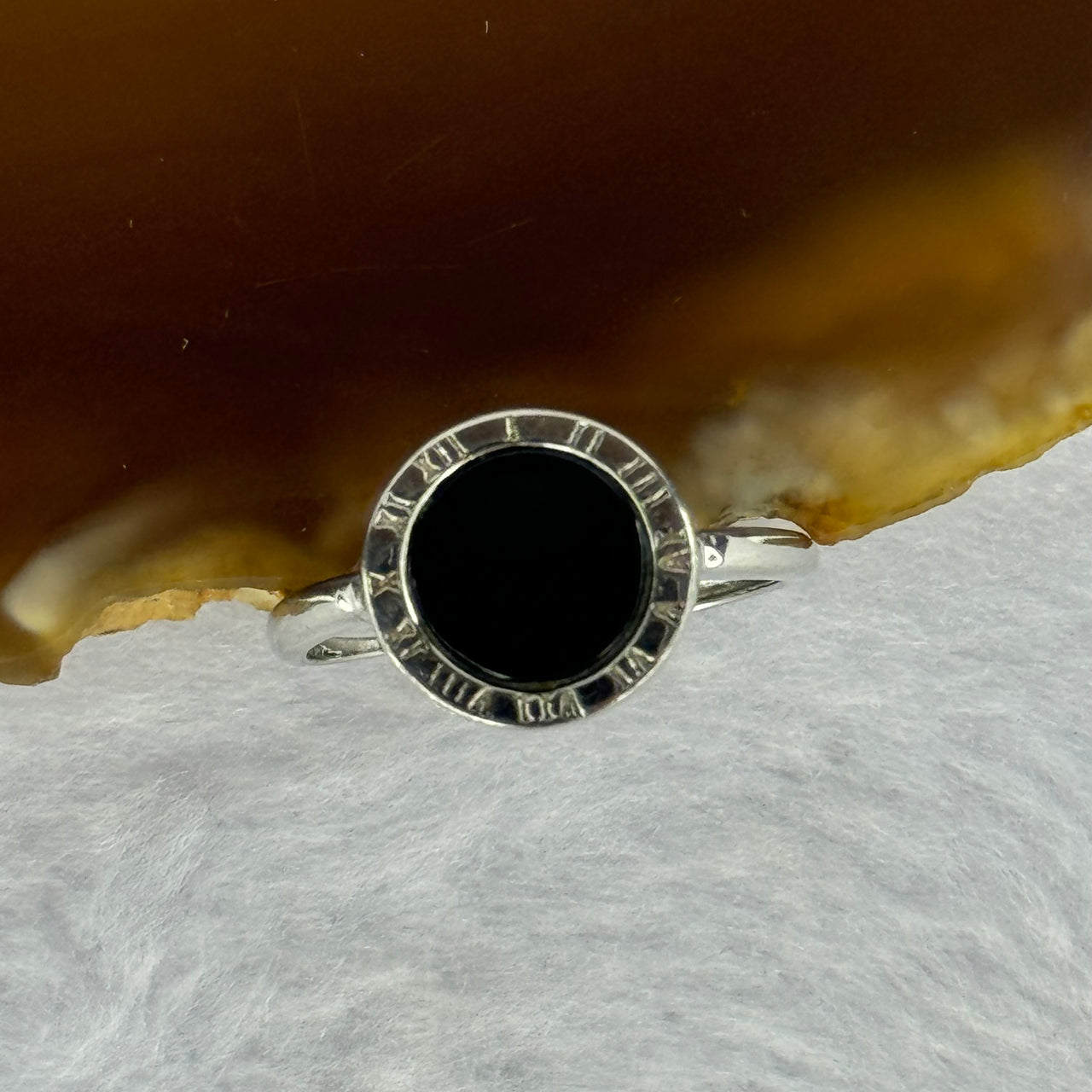 Type A Translucent Black Omphasite Jadeite Clock Shape in S925 Sliver Ring (Adjustable Size) 1.90g 8.5 by 1.5mm