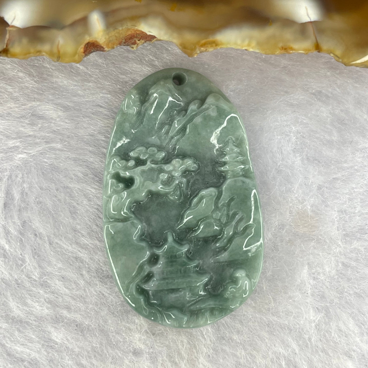 Type A Blueish Green Jadeite Scenary Shan Shui 山水 Pendant 6.77g 32.3 by 19.5 by 5.4mm - Huangs Jadeite and Jewelry Pte Ltd