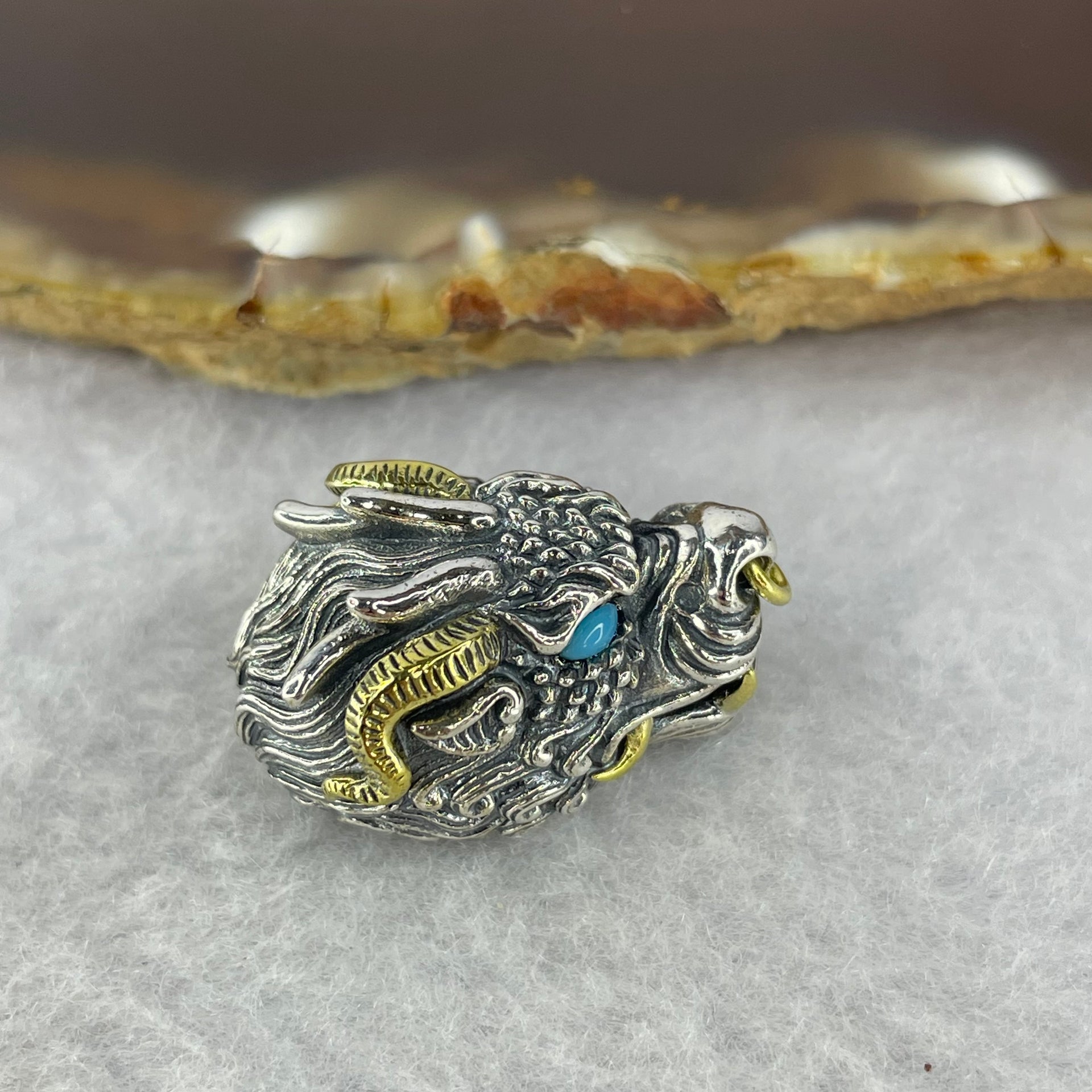 925 Sliver Dragon with Turquoise Eyes and Movable Nose Ring Bracelet Charm 10.94g 22.9 by 16.0 by 13.6 mm - Huangs Jadeite and Jewelry Pte Ltd