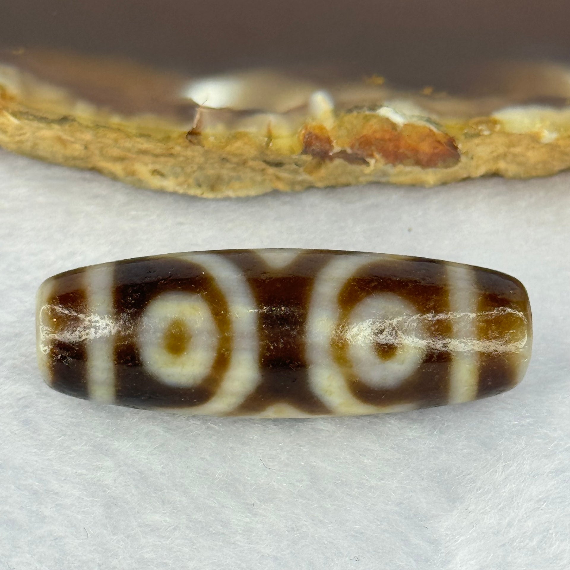 Natural Powerful Tibetan Old Oily Agate 3 Eyes Dzi Bead Heavenly Master (Tian Zhu) 三眼天诛 9.78g 37.5 by 13.0mm - Huangs Jadeite and Jewelry Pte Ltd