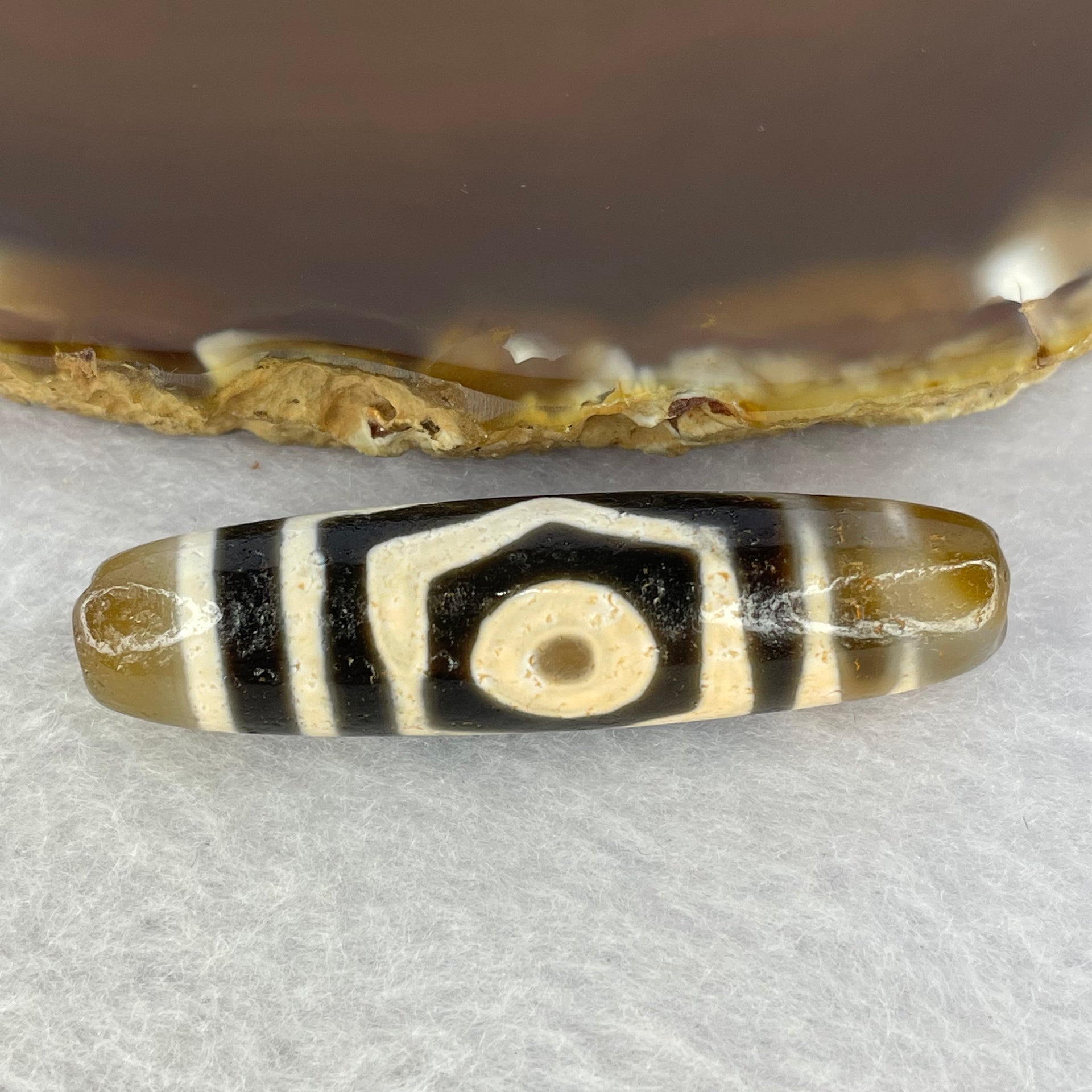 Natural Powerful Tibetan Old Oily Agate 3 Eyes Dzi Bead Heavenly Master (Tian Zhu) 三眼天诛 10.96g 47.5 12.2 mm - Huangs Jadeite and Jewelry Pte Ltd