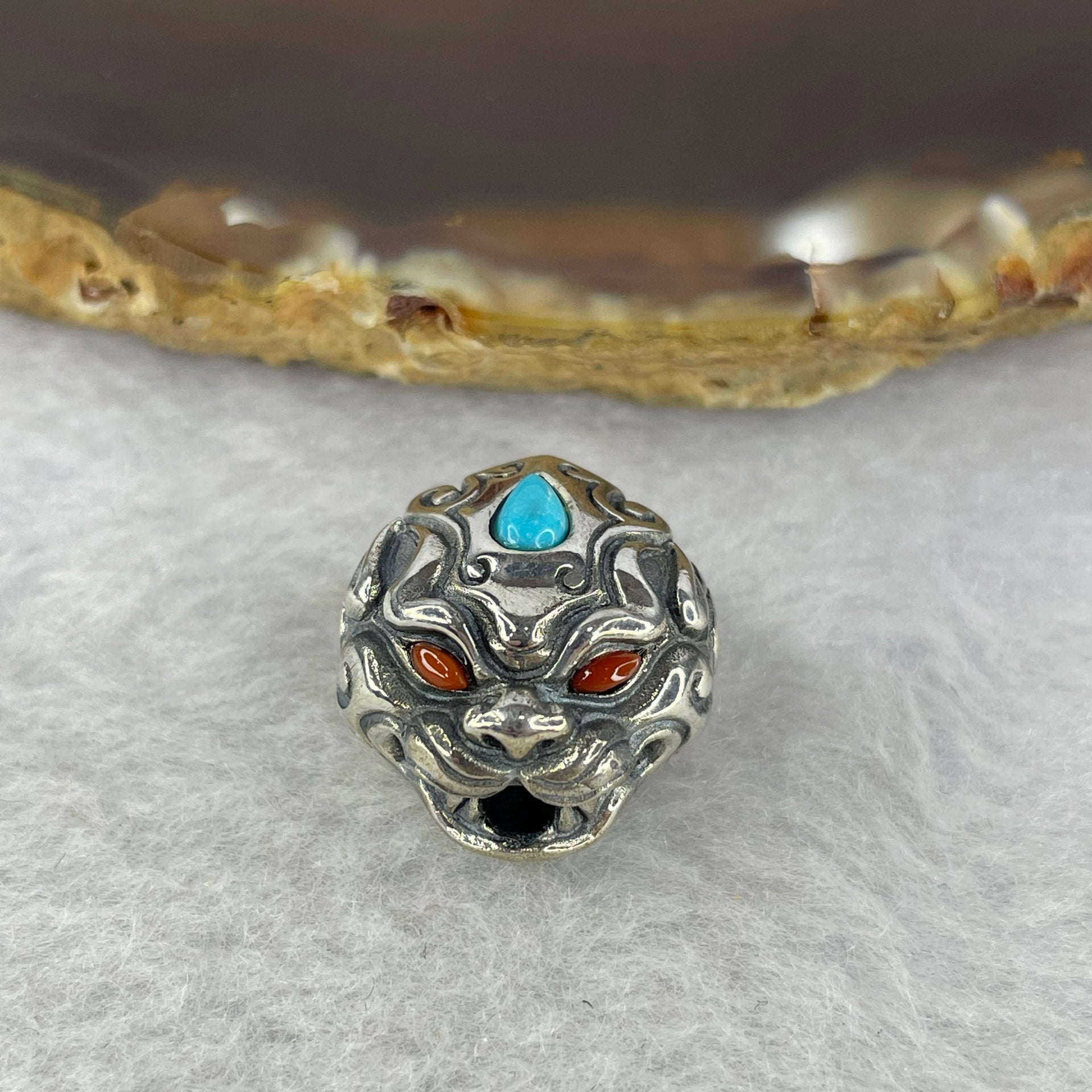 925 Sliver Pixiu with Turquoise Eyes and Red Nan Hong Agate Bracelet Charm 7.34g 16.4 by 16.8 by 12.2mm - Huangs Jadeite and Jewelry Pte Ltd