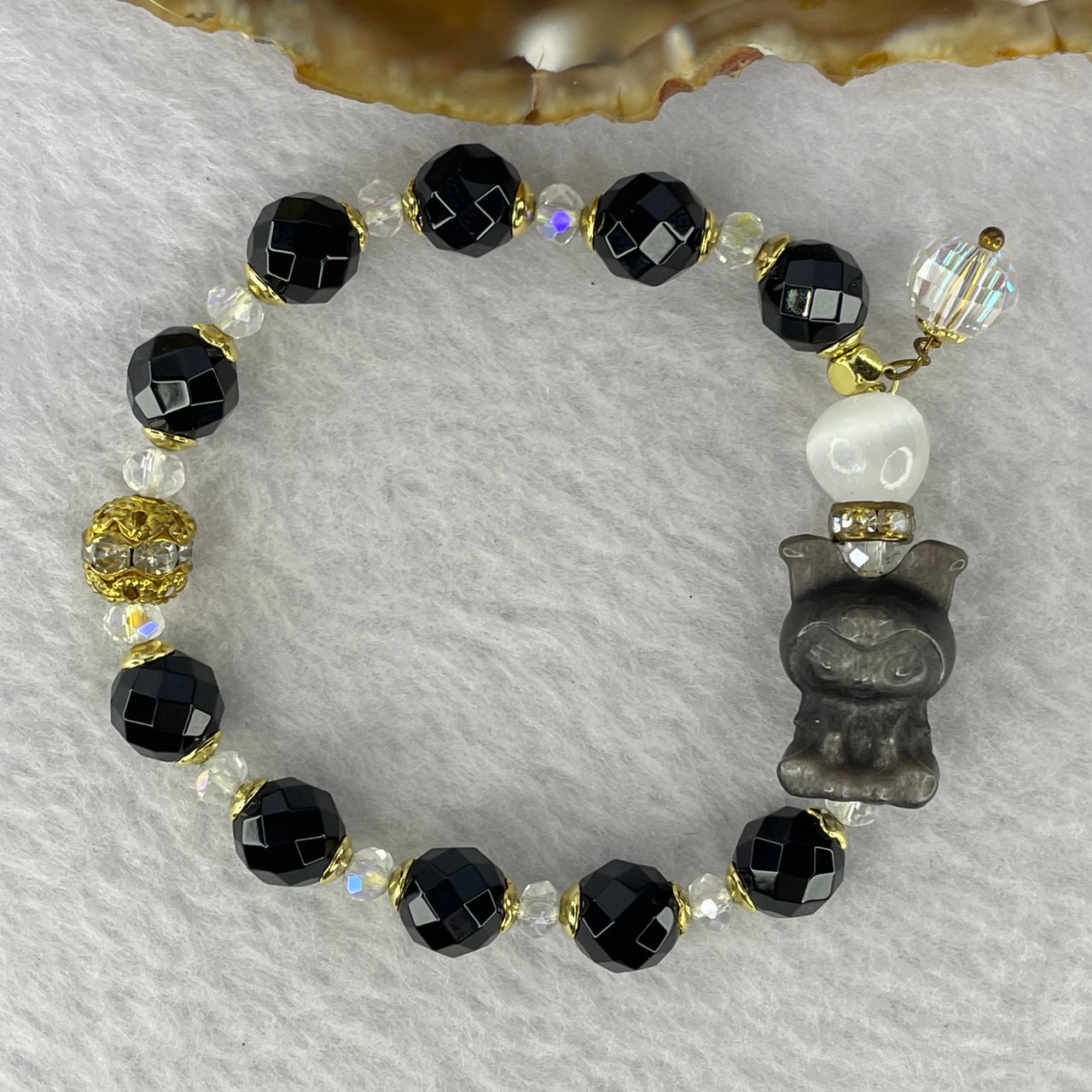 Black Agate Onyx with Selenite Bracelet 13.12g 8.0 mm 10 Beads - Huangs Jadeite and Jewelry Pte Ltd