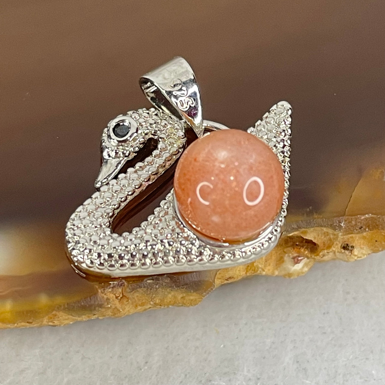 Natural Sunstone Bead with Crystals in S925 Sliver Swan Charm 3.31g 7.9mm