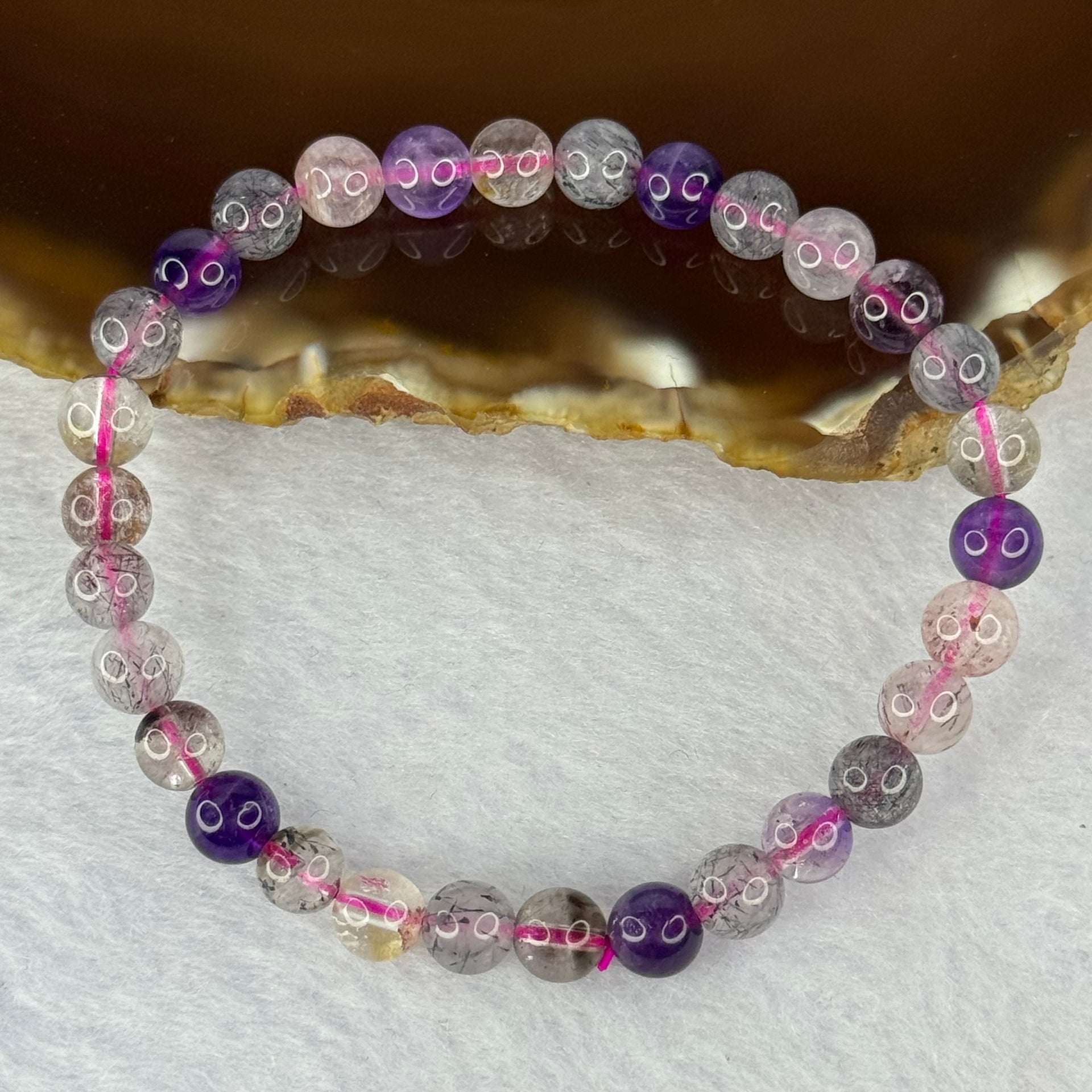 Above Average Grade Natural Super 7 Crystal Beads Bracelet 天然超级七水晶珠手链 9.57g 15.5cm 6.3mm 30 Beads - Huangs Jadeite and Jewelry Pte Ltd