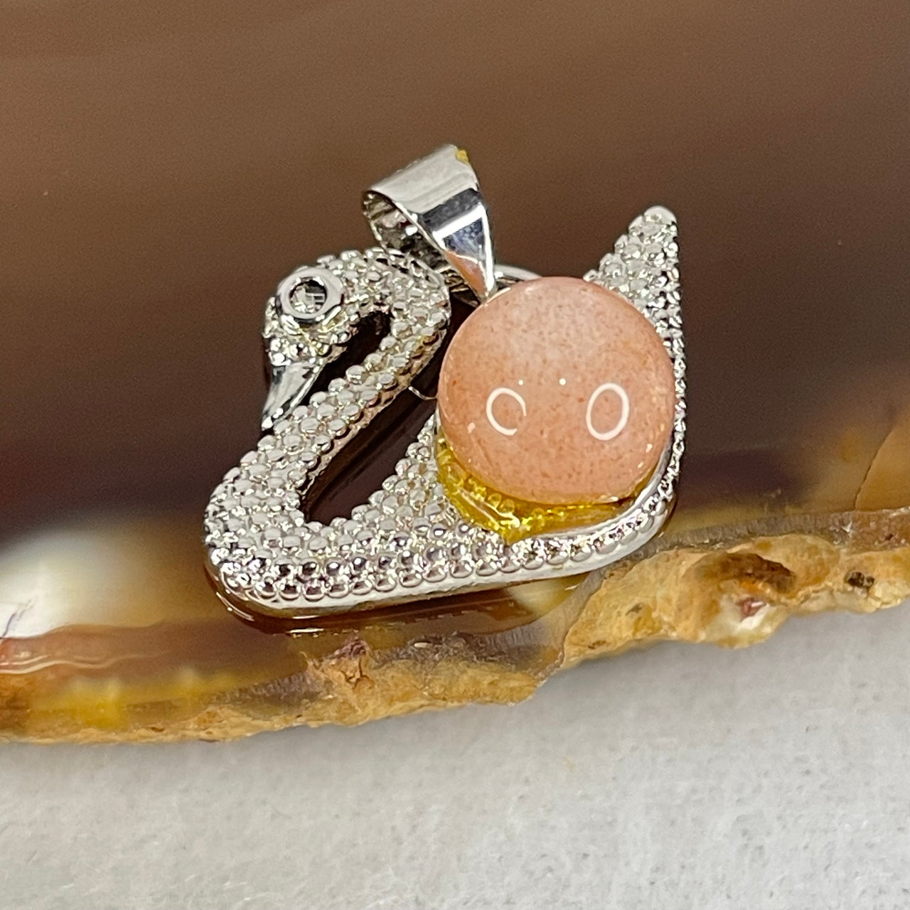 Natural Sunstone Bead with Crystals in S925 Sliver Swan Charm 3.27g 7.7mm