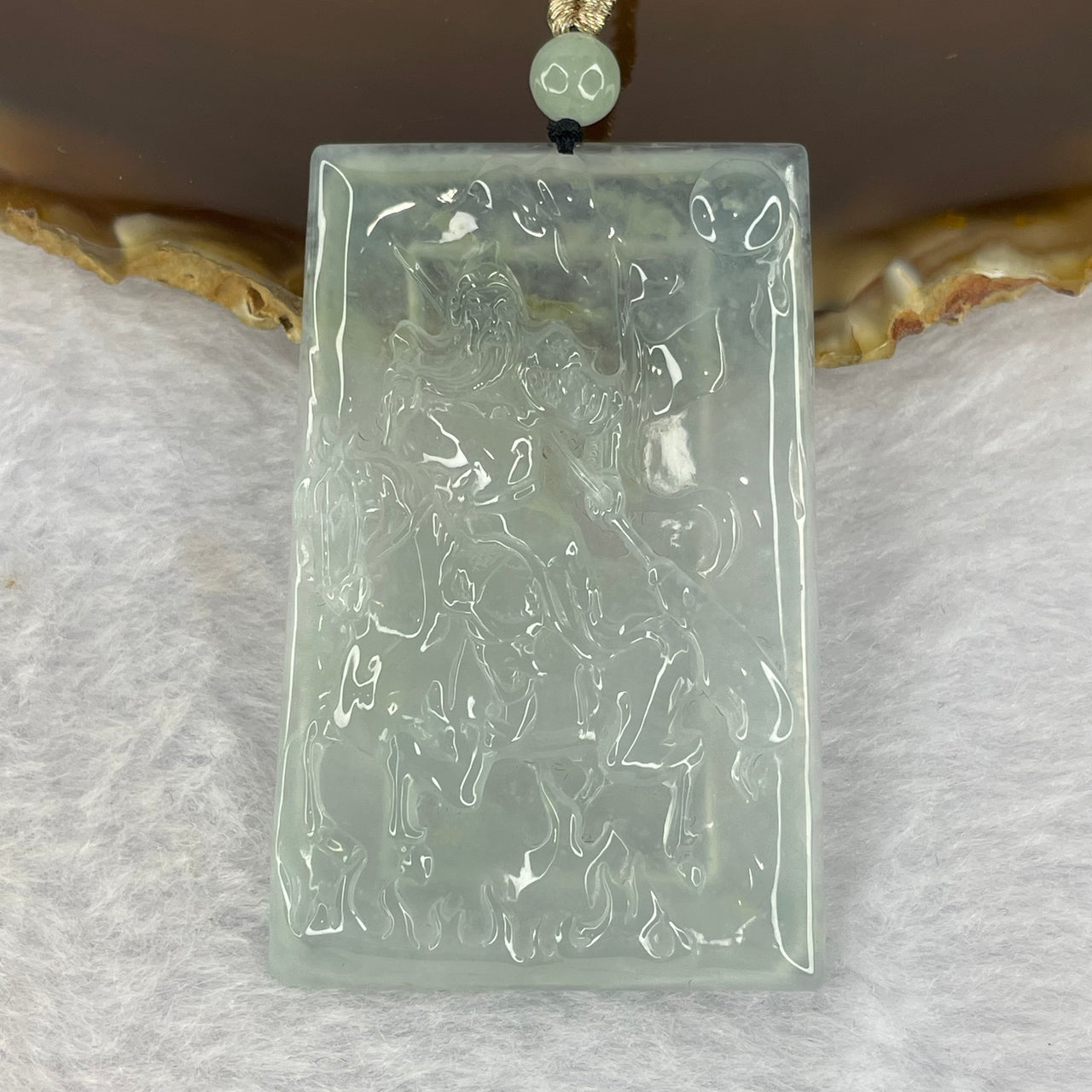 Rare High Icy Type A Sky Blue Jadeite Guan Gong on Champion Stallion 26.60g 55.0 by 35.0 by 5.0mm - Huangs Jadeite and Jewelry Pte Ltd