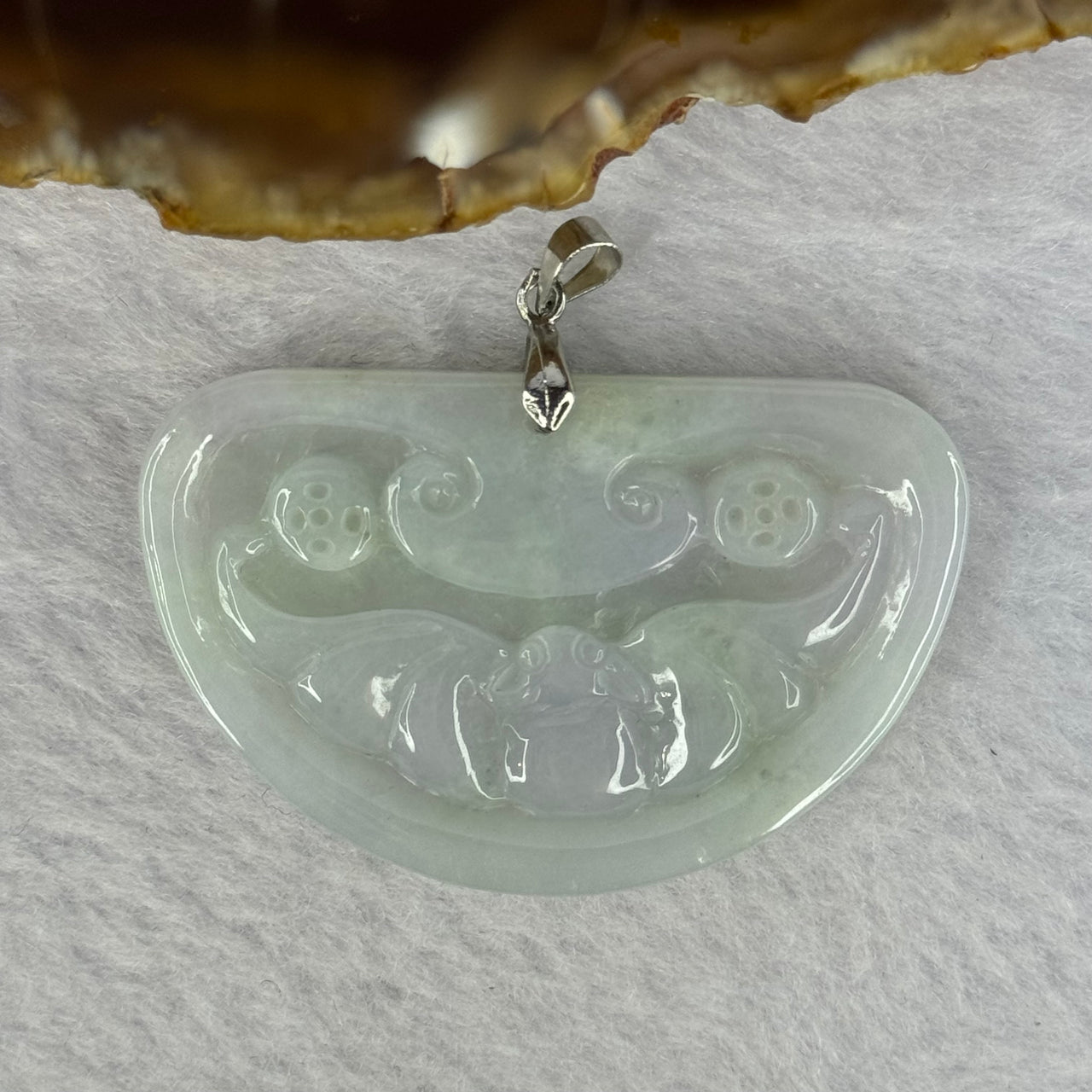 Type A Light Lavender with Green Jadeite Bat Coins Ruyi Pendent With 18KGP Sliver Claps 18.87g 49.9 by 31.7 by 5.1mm