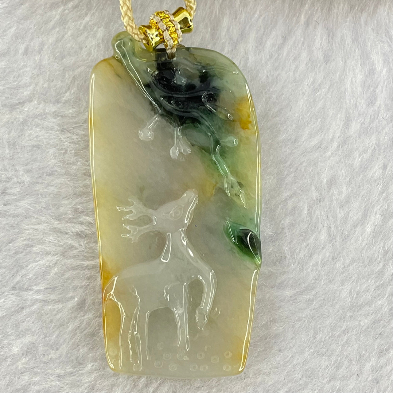 Type A Green Yellow Lavender Deer Shan Shui Jadeite Pendent 16.56g 50.8 by 25.0 by 7.5mm