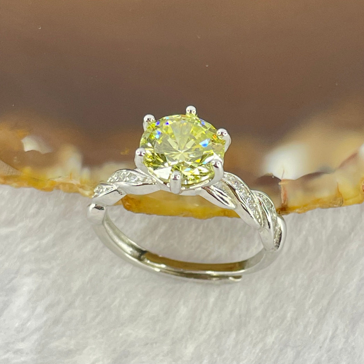 Yellow Cubic Zirconia with Crystals in S925 Sliver Ring (Adjustable Size) 2.64g 7.7 by 5.0mm