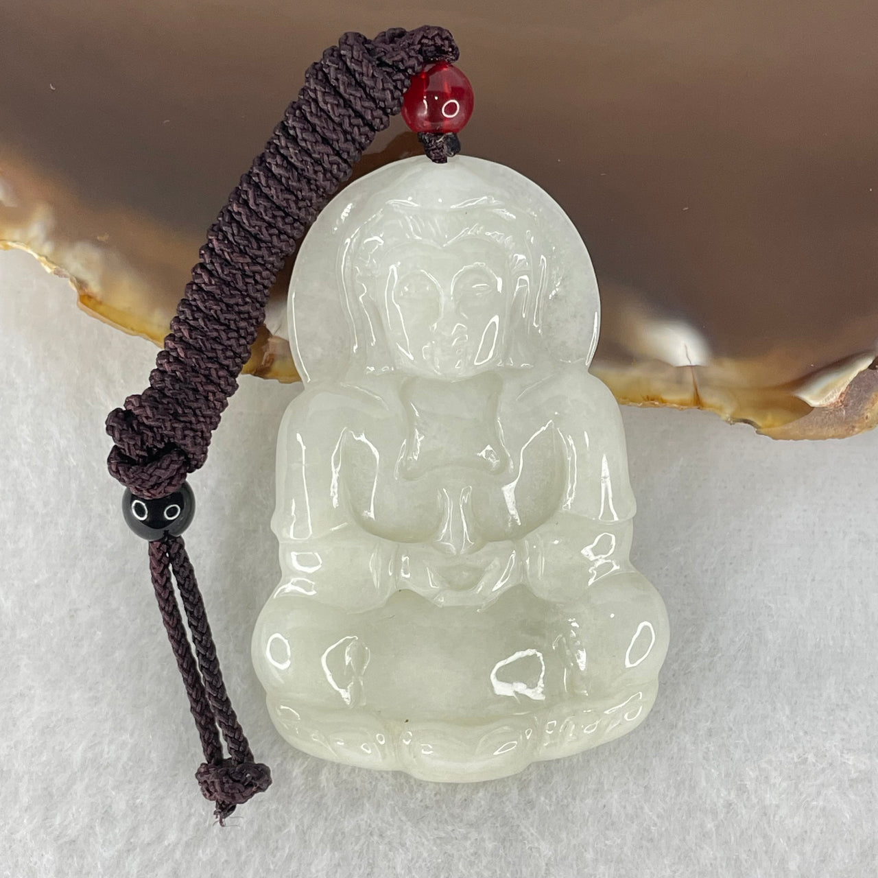 Type A Faint Lavender Jadeite Guan Yin Pendant 13.75g 51.2 by 34.5 by 4.6mm