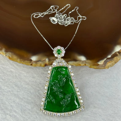 Type A ICY Green Omphasite Jadeite Shan Shui Pendent with Crystals in S925 Sliver Necklace 12.97g 29.9 by 23.3 by 2.5mm
