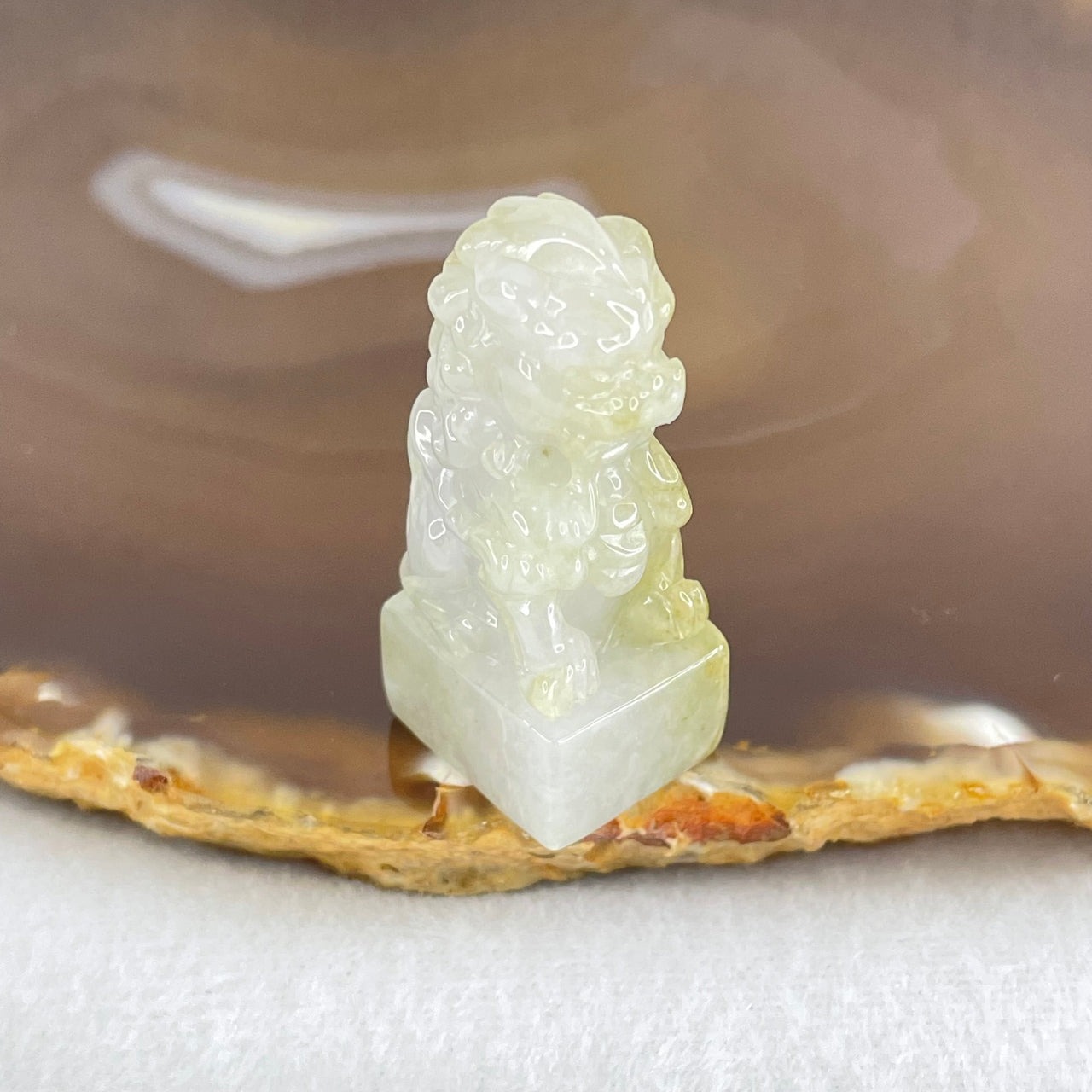 Type A Greyish Lavender and Yellowish Green Jadeite Fu Dog Seal Display 18.16g 37.1 by 16.7 by 14.5mm