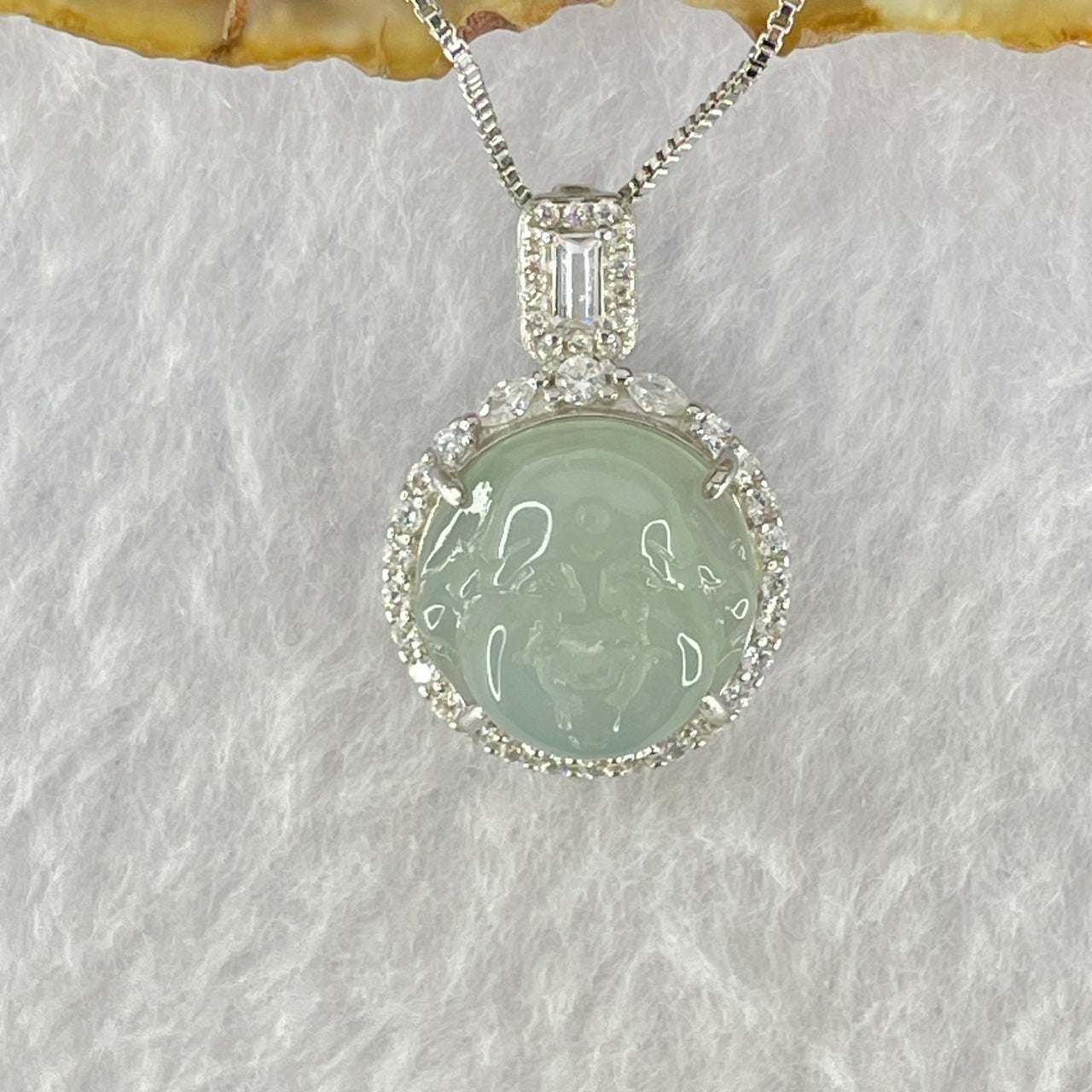 Type A Semi Icy Light Blueish Green Milo Buddha with Crystals in S925 Sliver Pendant and Necklace 6.13g 14.9 by 14.9 by 7.8mm