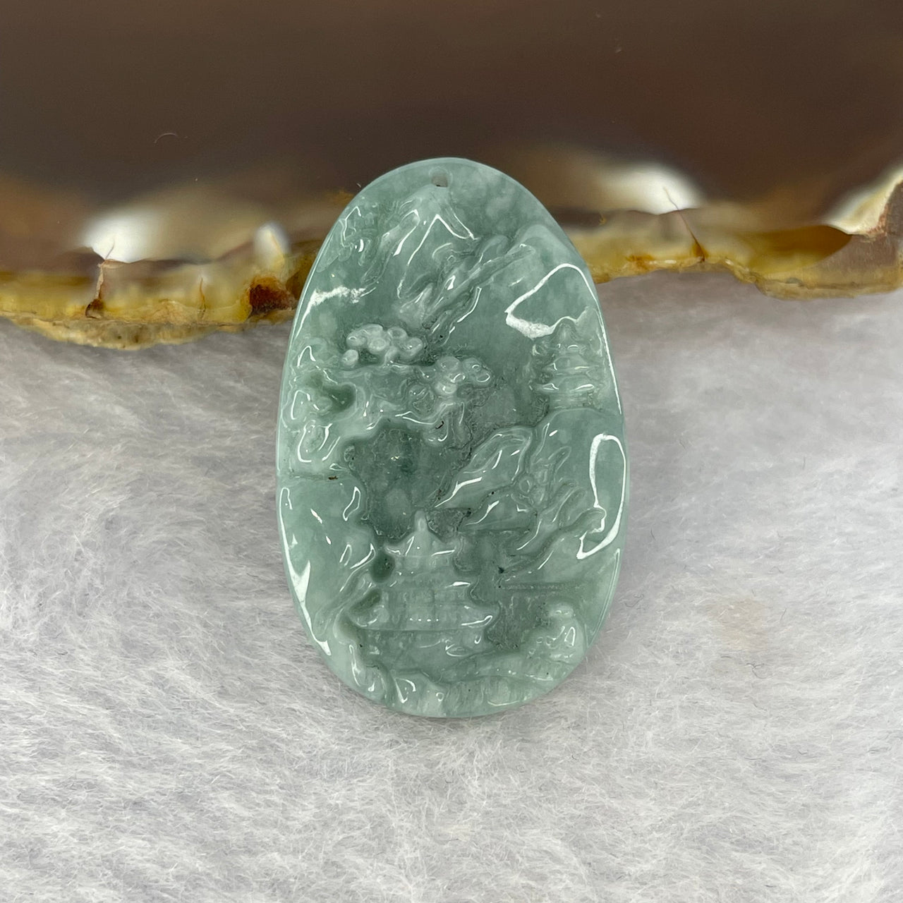 Type A Blueish Green Jadeite Scenary Shan Shui 山水 Pendant 7.42g 32.6 by 20.5 by 5.6mm - Huangs Jadeite and Jewelry Pte Ltd