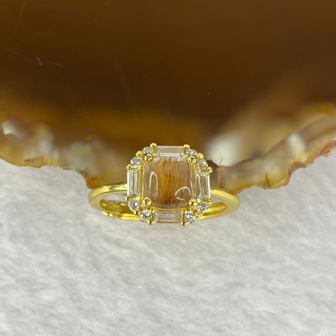 Natural Golden Rutilated Quartz in 925 Sliver Ring (Gold Color) 1.90g 5.8 by 3.5 mm Adjustable Size - Huangs Jadeite and Jewelry Pte Ltd