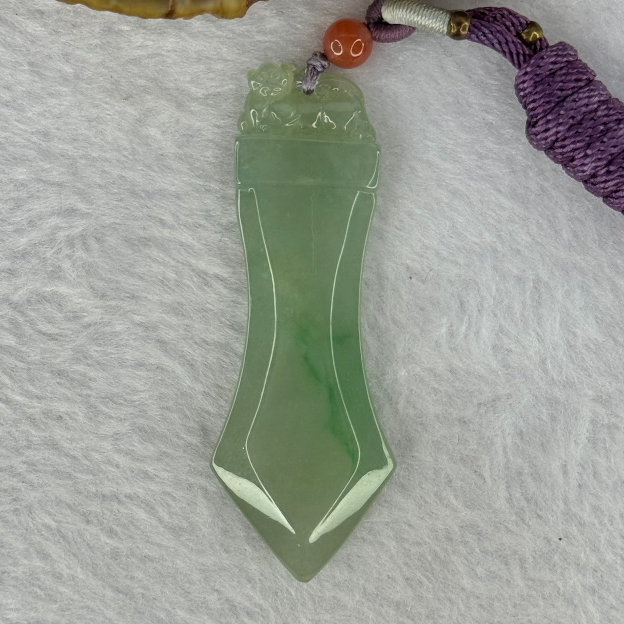 Type A Green Jadeite Monkey on Sword Pendent 20.03g 62.4 by 22.7 by 6.8mm