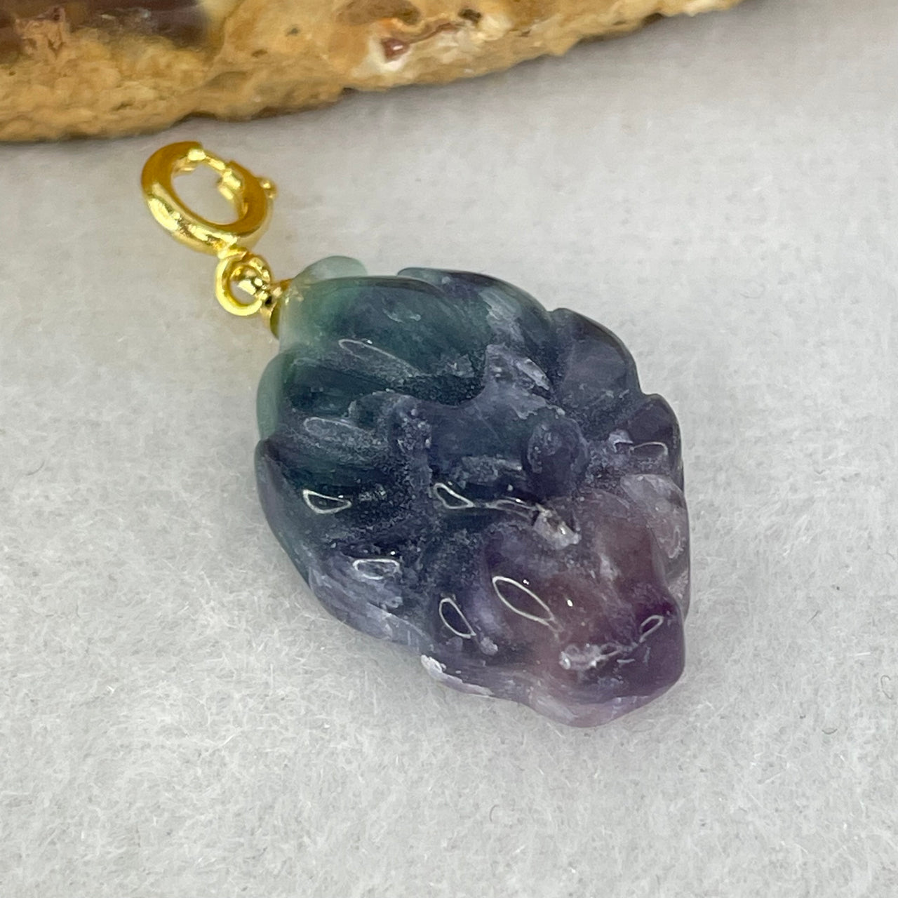 Natural Purple and Green Fluorite 9 Tail Fox Charm Pendant 5.33g 24.1 by 16.2 by 8.0mm