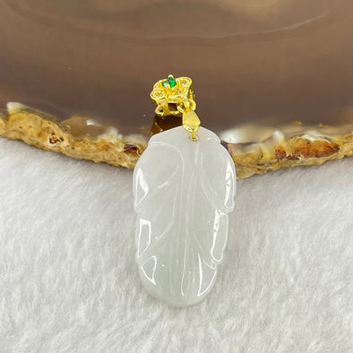 Type A Lavender Green Jadeite Leaf 33.8 by 18.4 by 4.6mm Pendent with Gold Color Clasps 5.95g