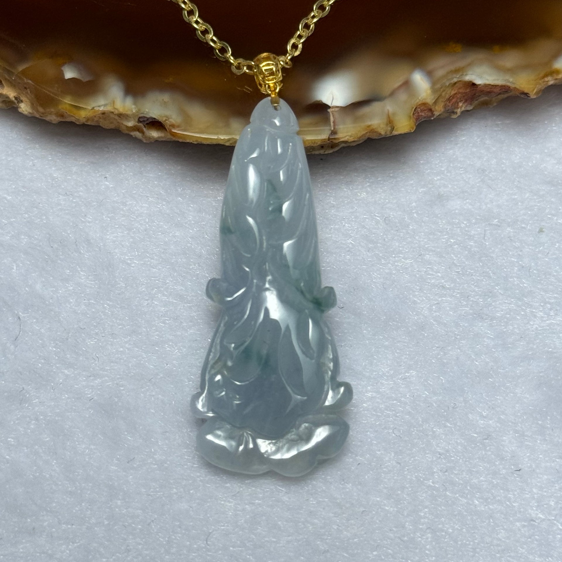 18K Gold Type A Lavender and Green Piao Hua Jadeite Cabbage in S925 Sliver in Gold Colour Necklace 6.42g 37.2 by 15.7 by 5.2mm - Huangs Jadeite and Jewelry Pte Ltd