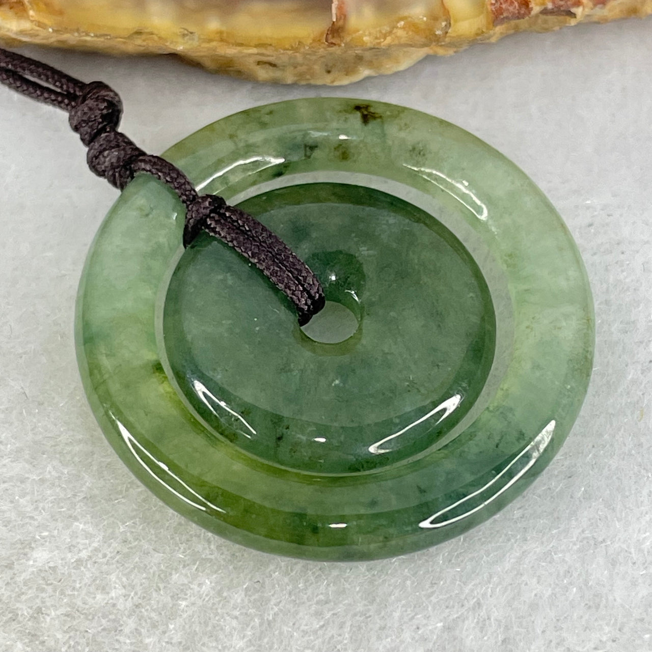 Type A Semi Icy Green Jadeite Double Ping An Kou Donut Pendant 5.16g 3.4 by 4.5mm 17.5 by 3.6mm US9.2/HK20.5