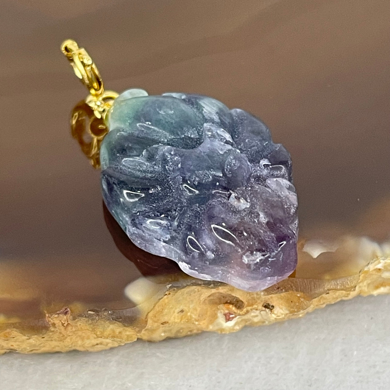 Natural Purple and Green Fluorite 9 Tail Fox Charm Pendant 5.33g 24.1 by 16.2 by 8.0mm