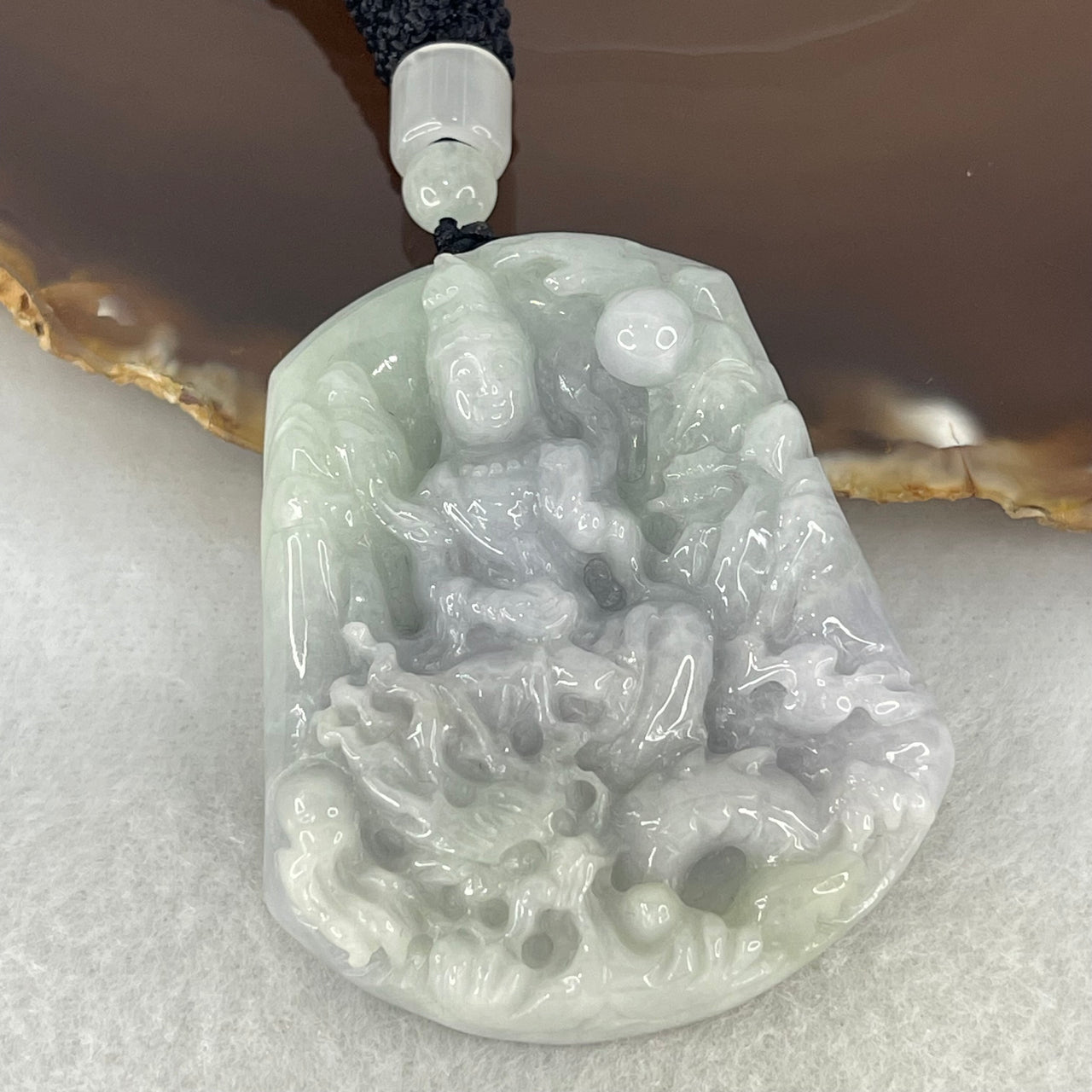 Type A Light Lavender Green Jade Jadeite Guan Yin on Dragon Pendant 38.44g 52.8 by 45.0 by 12.2mm