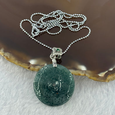 Type A Dark Blueish Green Jadeite Ping An Kou Donut 26.5 by 4.1mm Pendent with S925 Sliver Necklace 8.31g