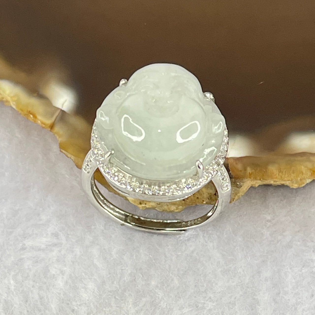 Type A Faint Lavender Green Jadeite Milo Buddha in S925 Ring (Adjustable Size) 6.28g 16.6 by 16.6 by 9.2mm