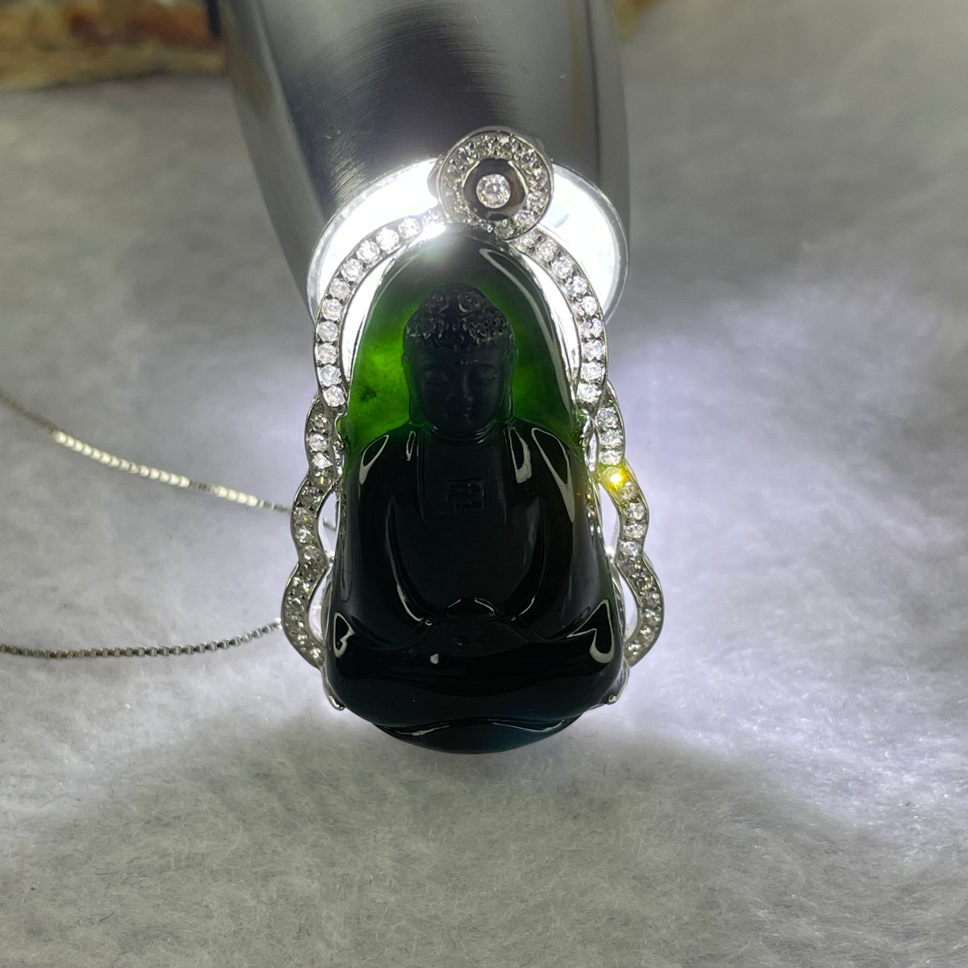 Type A Semi Translucent Very Dark Green to Black Jadeite Buddha in 925 Silver Necklace with Crystals 11.6g by 34.6 by 19.0 by 8.4mm - Huangs Jadeite and Jewelry Pte Ltd