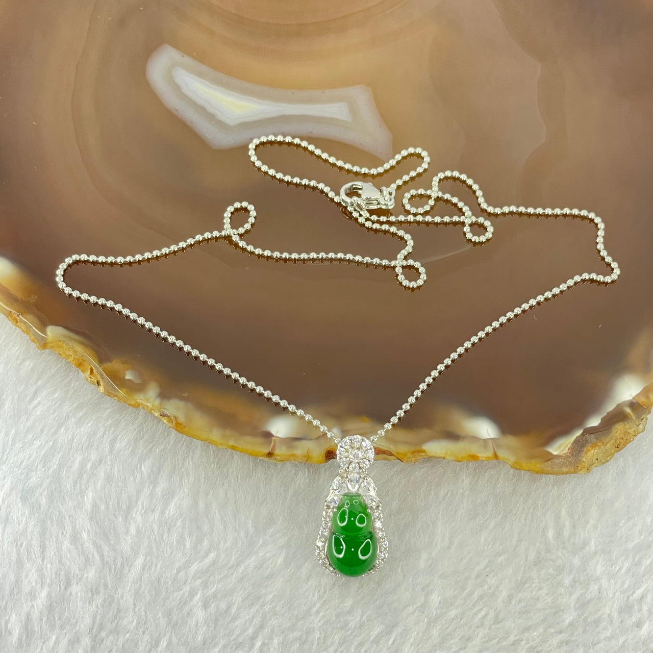 Type A Icy Green Jadeite Hulu 13.0 by 8.0 by 5.0mm Pendent with Crystals in S925 Sliver Necklace 3.40g