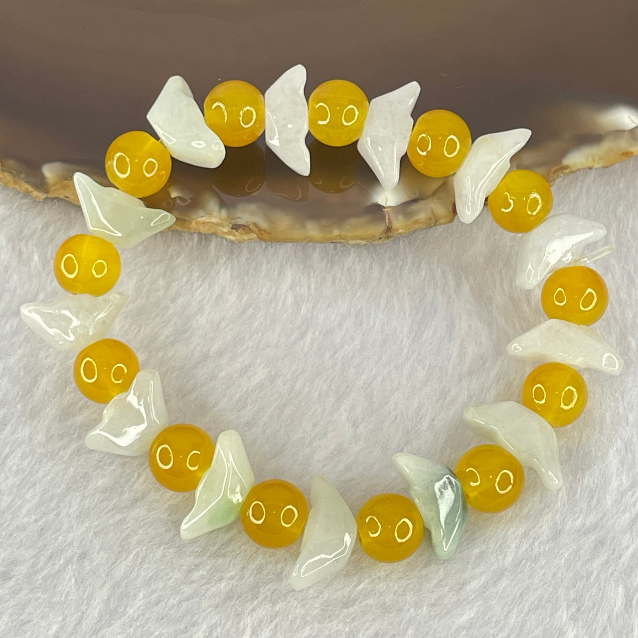 Type A Green Jadeite Gold Ingot with Yellow Crystal Bracelet 19.53g 14.2 by 6.4 by 5.3mm 13 Beads