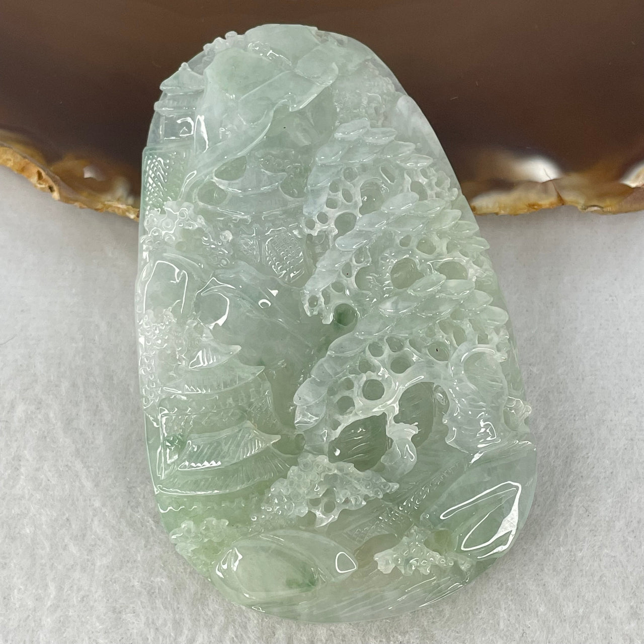 Type A Jelly Light Green with Faint Lavender Jadeite Double Sided Shan Shui with Gui Ren Benefactor Pendant 72.45g 74.5 by 47.1 by 11.4mm