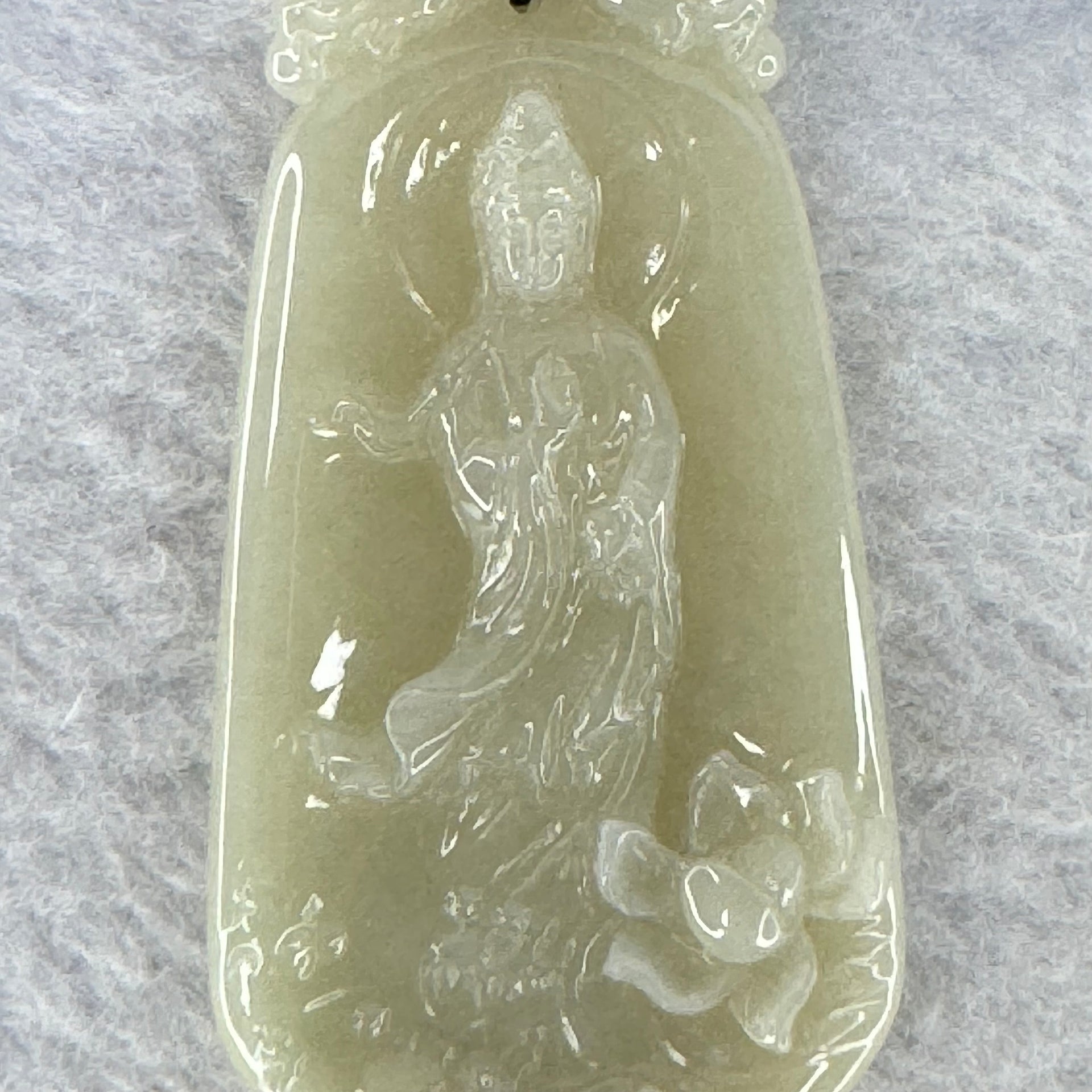 Type A Light Brownish Yellow Jadeite Guan Yin with Lotus Flower and Double Dragon Heads Pendent 24.38g 57.7 by 30.7 by 6.8 mm - Huangs Jadeite and Jewelry Pte Ltd